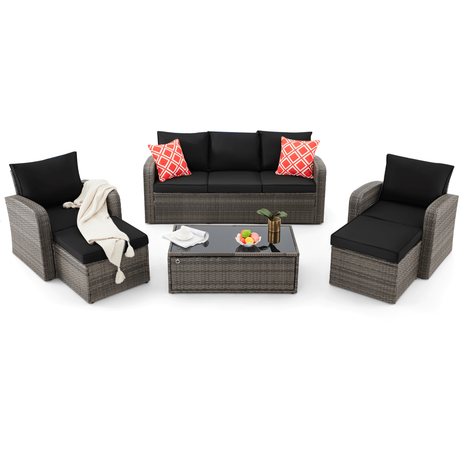 Homrest 6 Pcs Patio Furniture Sets with Coffee Table, Ottomans, Cushions & Pillows, Black