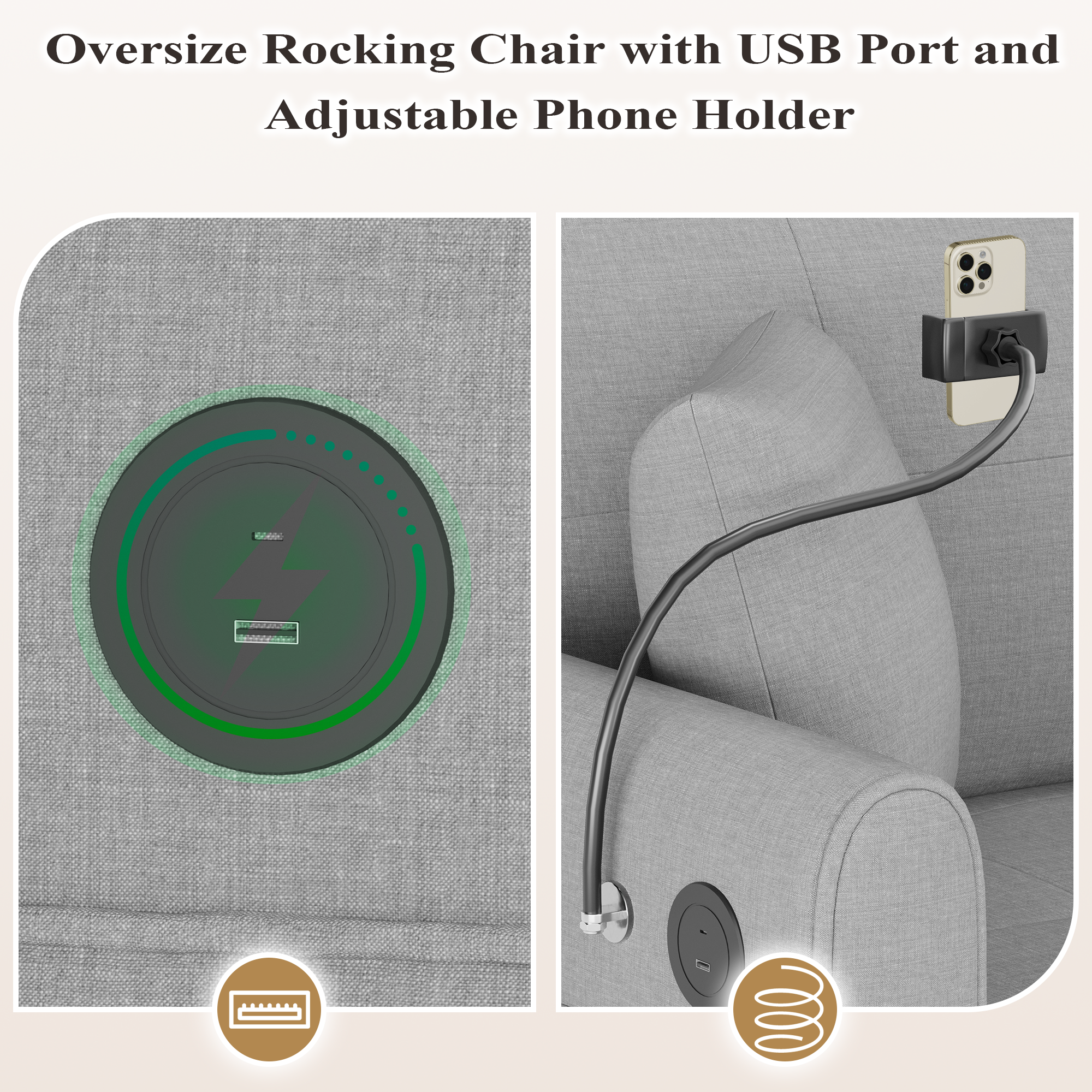 HOMREST Upholstered Oversize Rocking Chair with Adjustable Phone Handle, Nursery Rocking Chair with High Back and Side Pocket USB Port, Double Wide Rocker for Living Room, Bedroom, Nursery, Gray