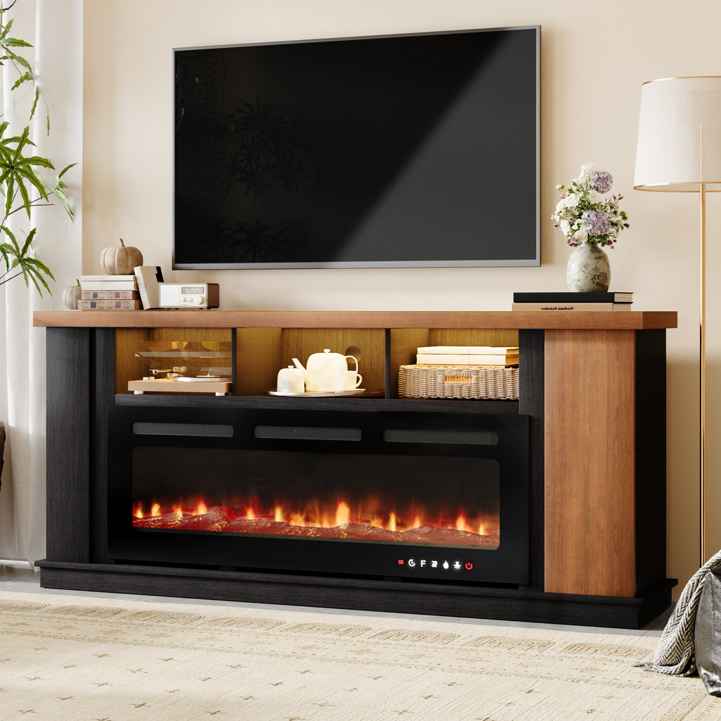 HOMREST Traditional 70" Country TV Stand with 50" Electric Fireplace Heater, TV Stand with Light Strips and Sockets, Oak