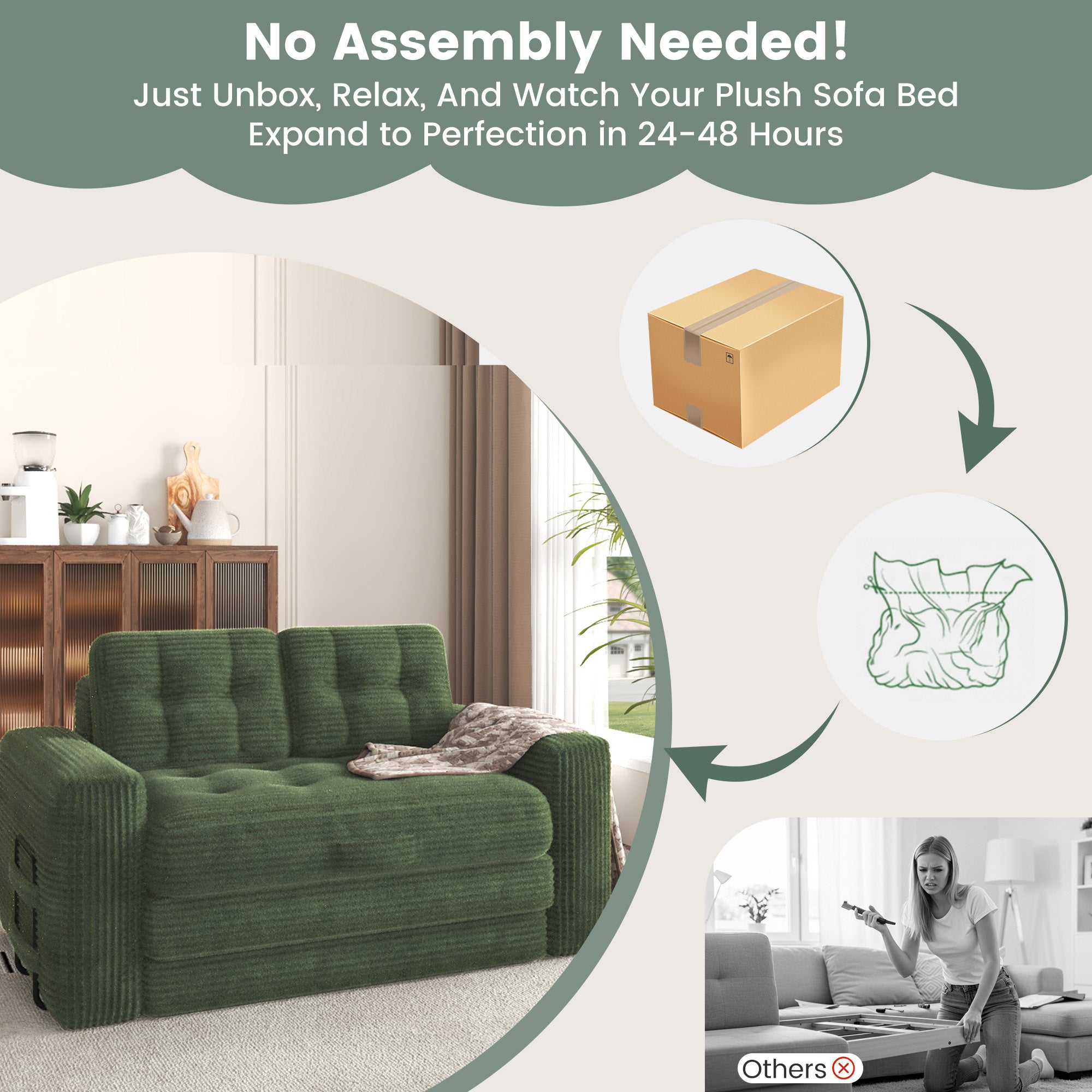 HOMREST No Assembly Needed Convertible Sofa Bed, 2 in 1 Boneless Couch Bed with 2 Pillows, Green