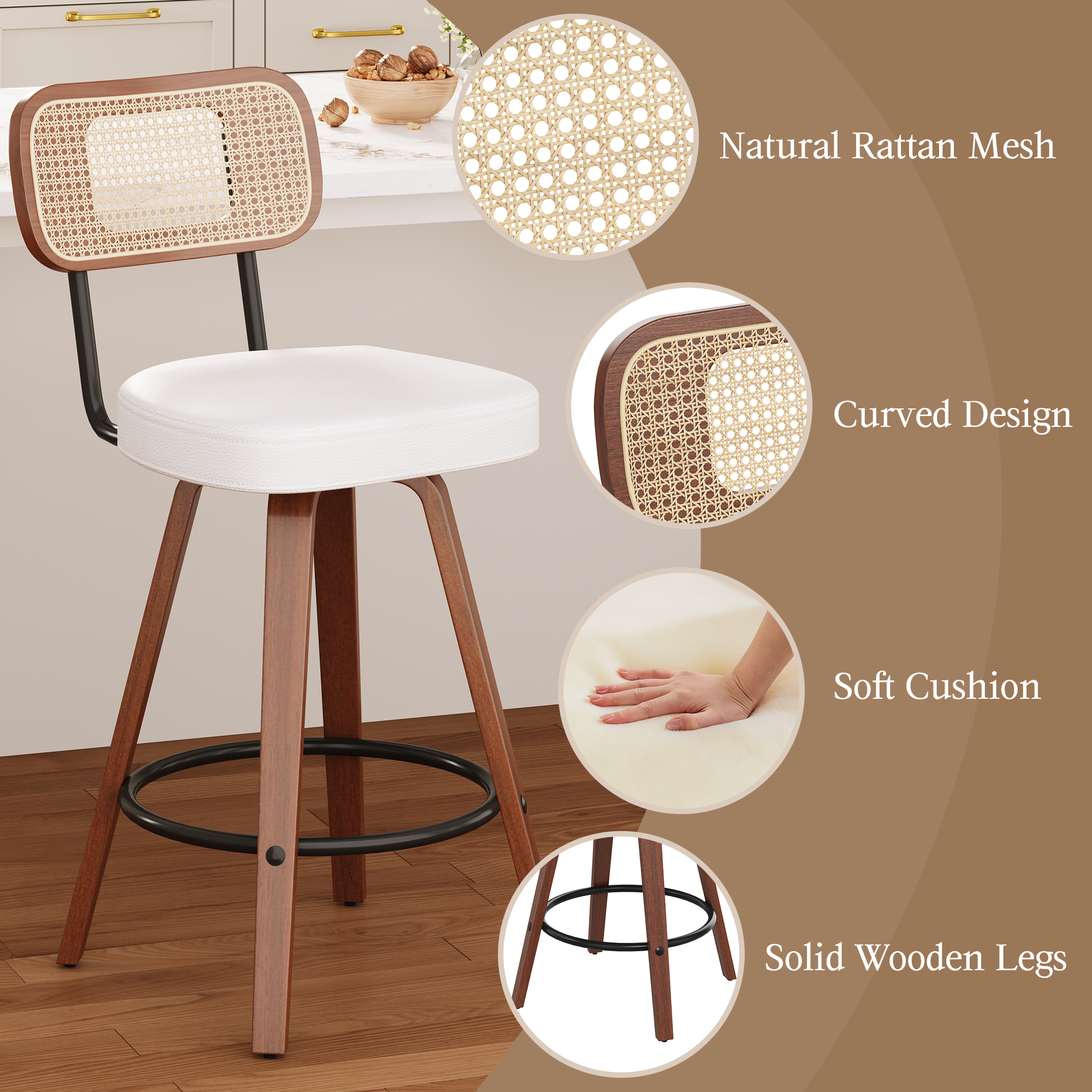 HOMREST Swivel Upholstered Rattan Back Counter & Bar Stool, Bar Chair With Solid Wood Frame And Metal Footrest (set Of 2), Beige