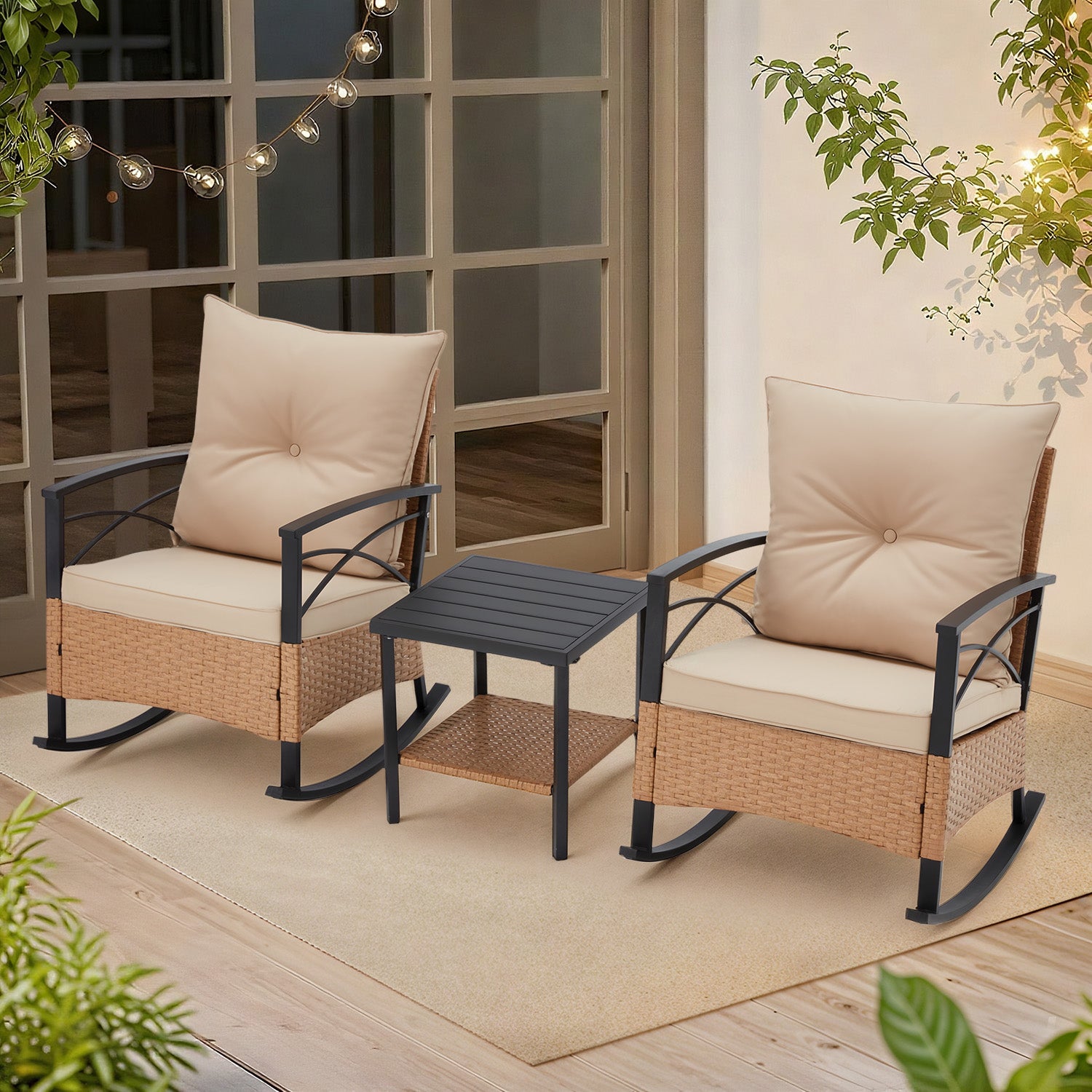 HOMREST 3-Piece Bistro Set: Outdoor Rattan Rocking Chairs with Cushions and Coffee Table