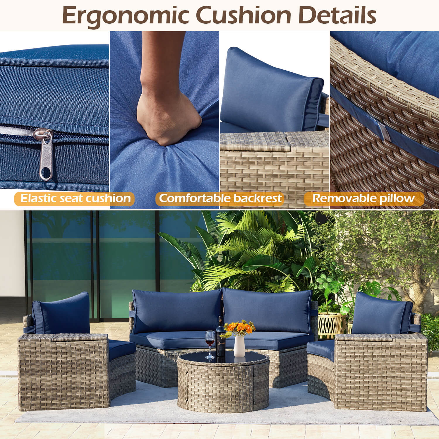 HOMREST Outdoor Patio Furniture Set, 7-Piece Half-Moon Wicker Patio Sofa Set with Storage Table, Blue