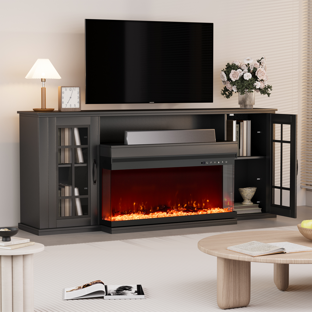 HOMREST 70" 3-Sided Glass Fireplace TV Stand, 12 Color Flames,Fits TVs up to 80",  Black