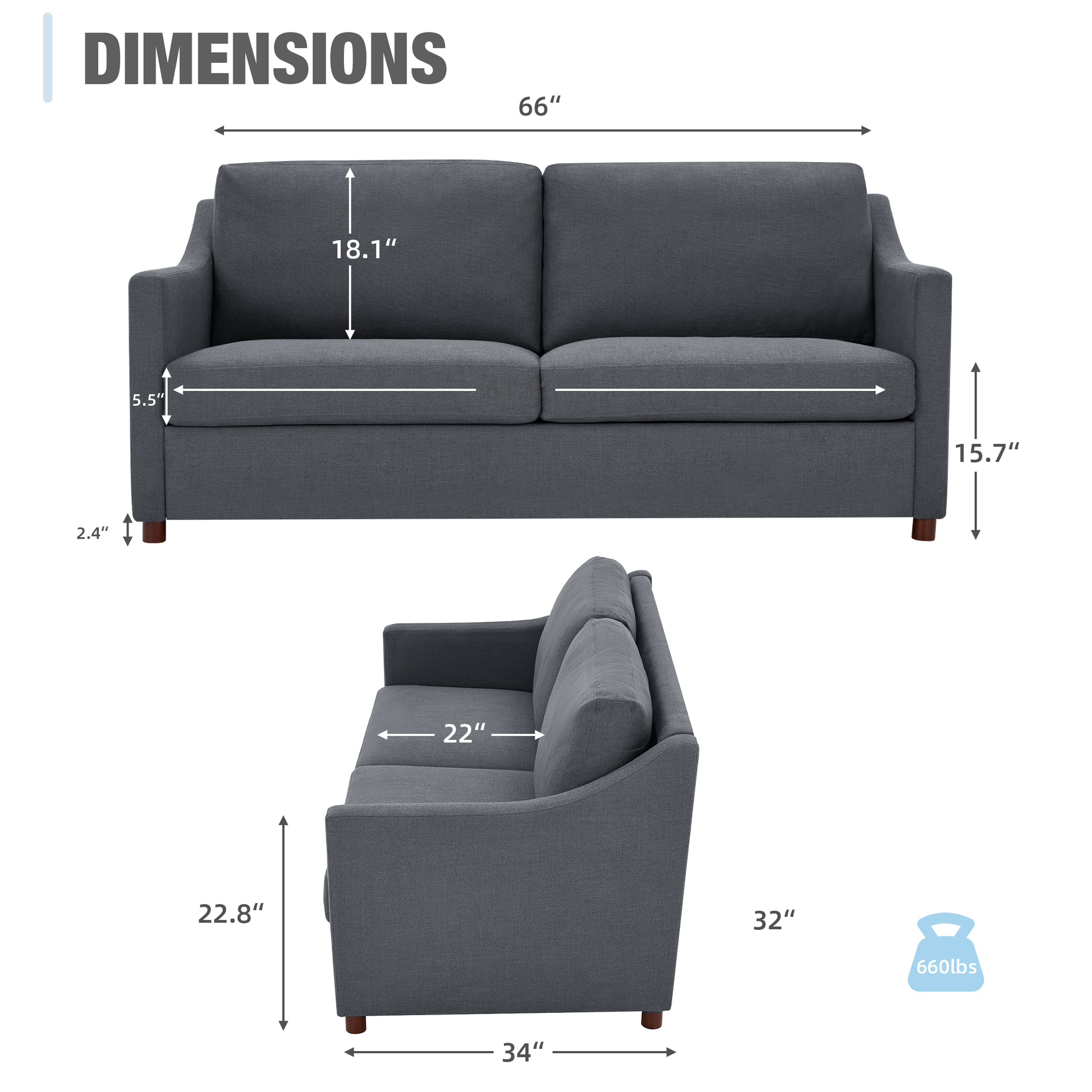 Loveseat Sofa, Upholstered Couch with Removable Cover for Living Room, Gray | Homrest Furniture
