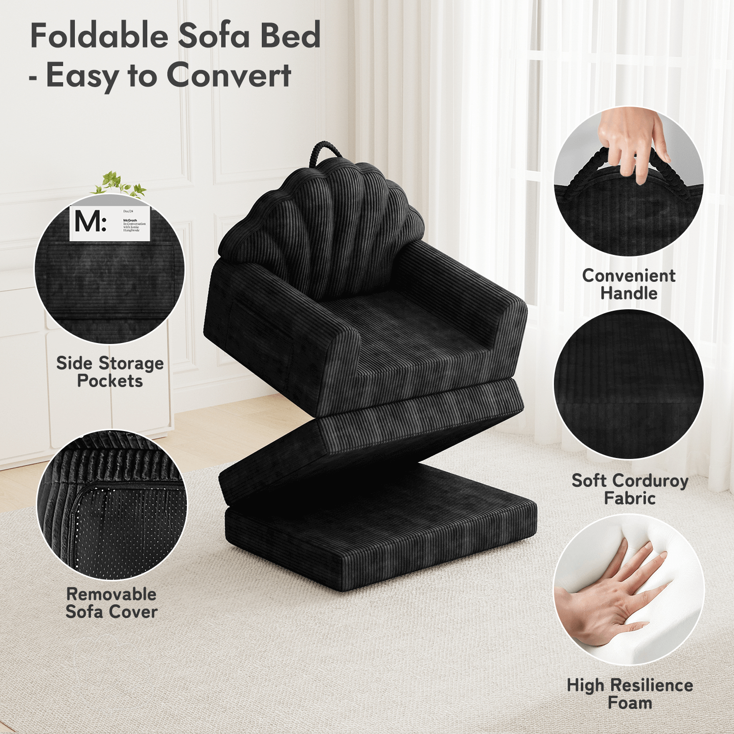 HOMREST 2-in-1 Folding Sofa Bed with Back Support, 75" D x 34" W Convertible Futon Sleeper Chair for Living Room Bedroom Small Spaces, Black
