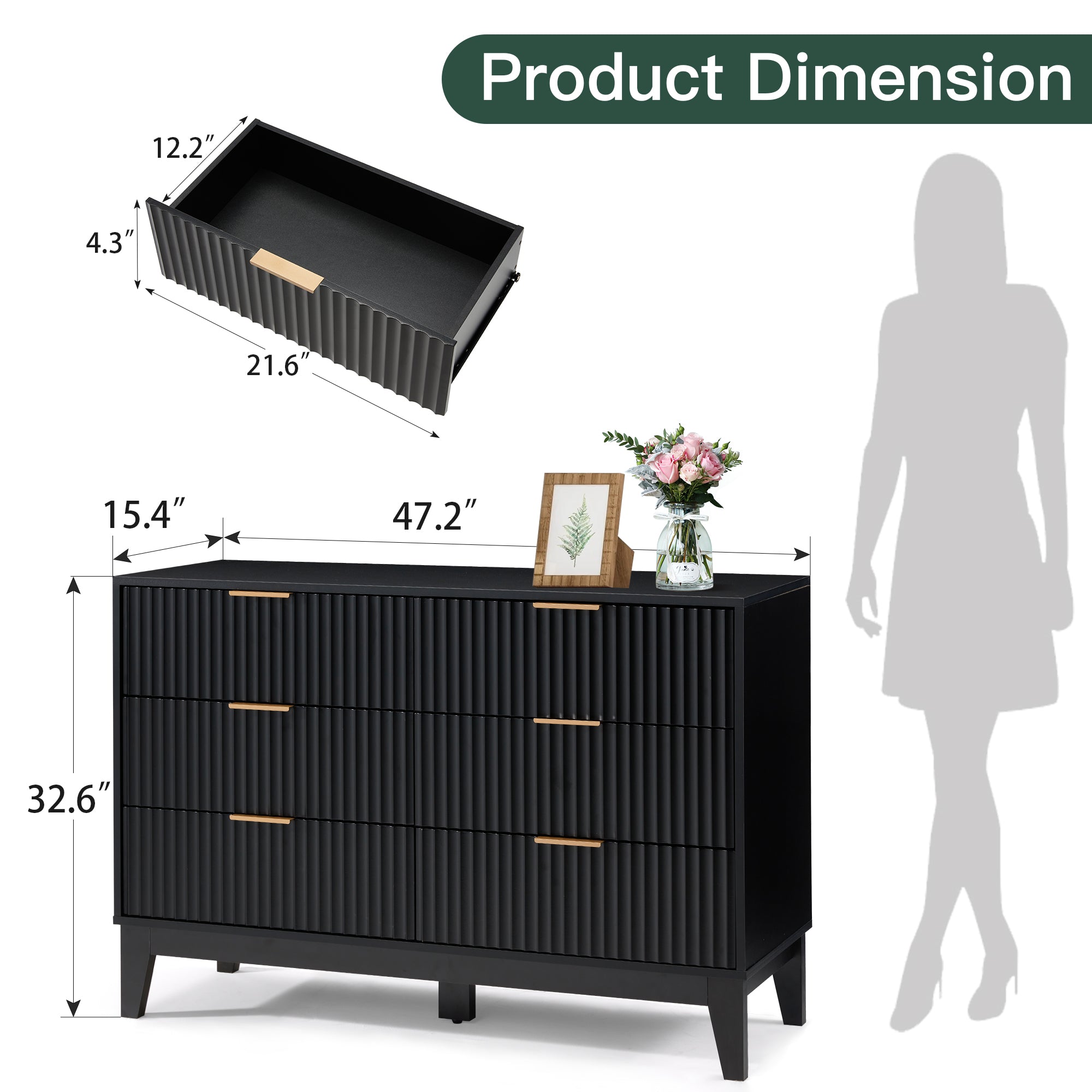HOMREST Fluted Dresser for Bedroom, 6 Drawer Modern Dresser, Wide Modern Chest of Drawers with Metal Handle, Mid Century Modern Dresser, Black