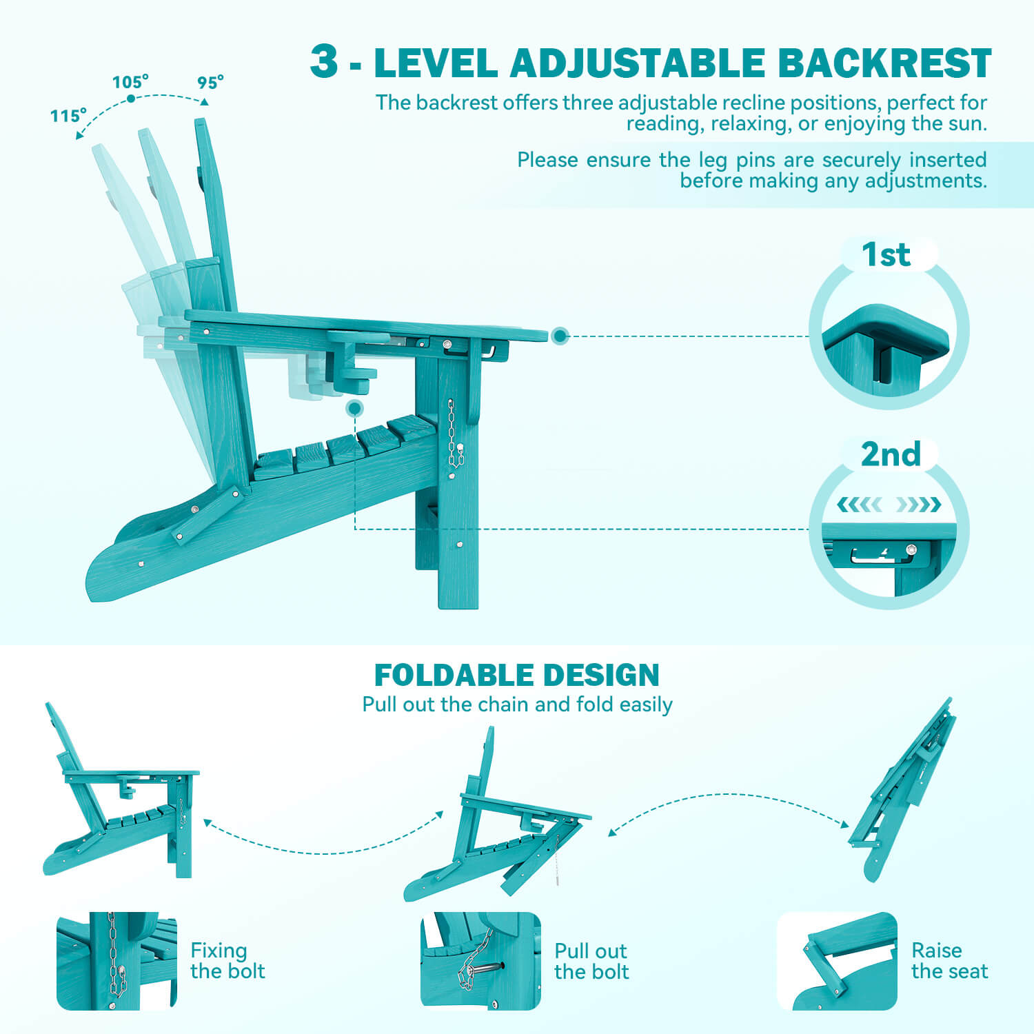 HOMREST 3-Level  Adjustable Adirondack Chair with Retractable Ottoman, Folding HDPE Outdoor Chair with Cup Holders, Aruba Blue