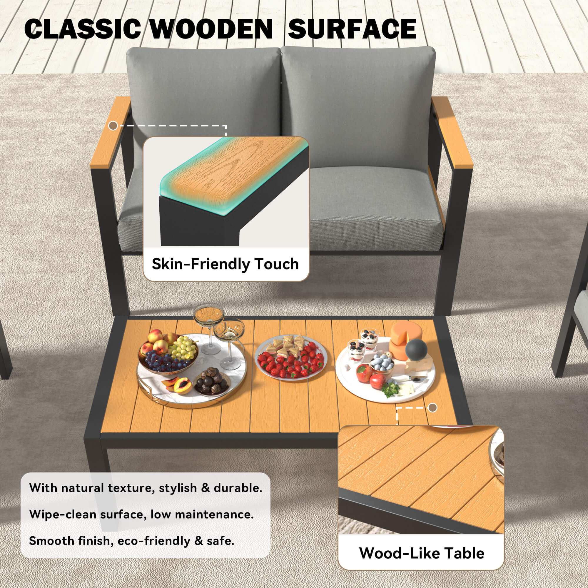 HOMREST 4 Piece Patio Furniture Set, Metal Patio Conversation Set with Coffee Table, All-Weather Outdoor Furniture, Gray