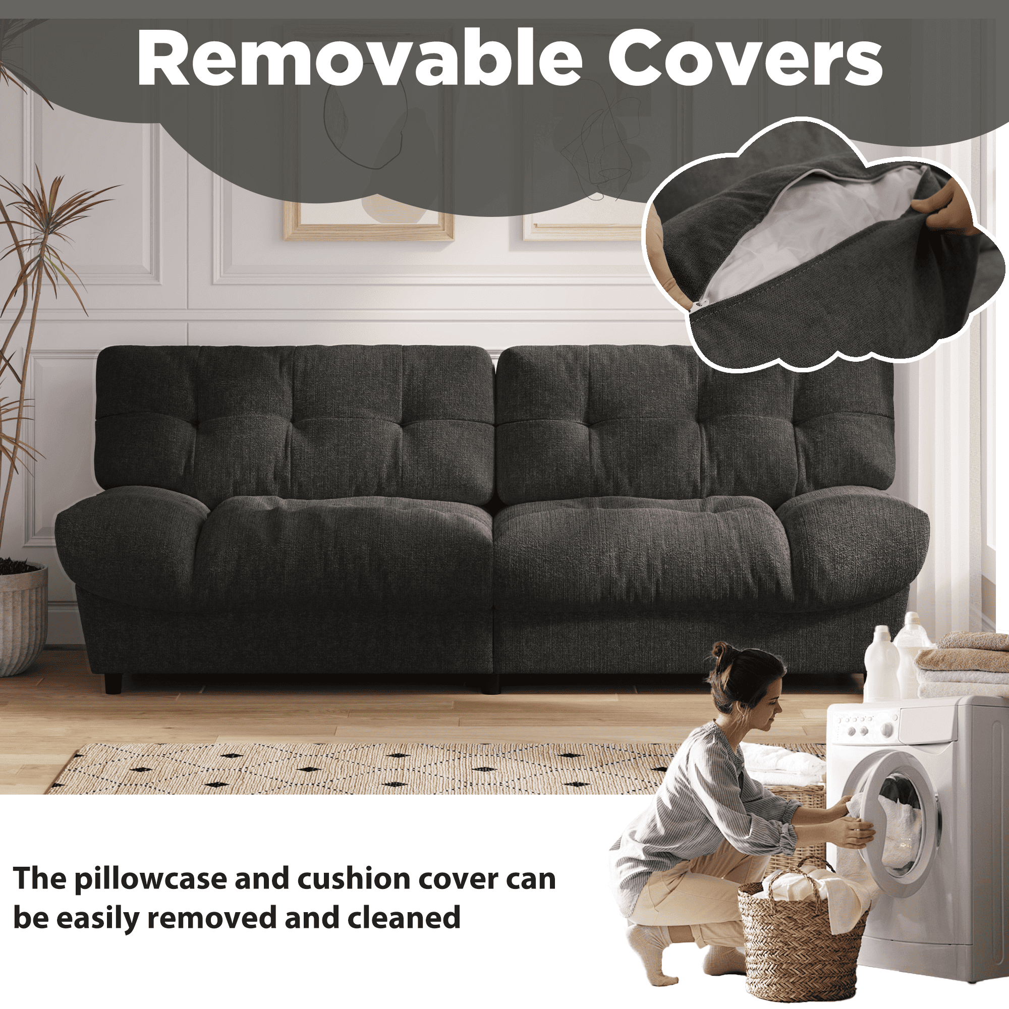 HOMREST 80 Inch Chenille Cloud Sofa Loveseat, Deep Seat Couch with Pillow Armrests, Dark Grey
