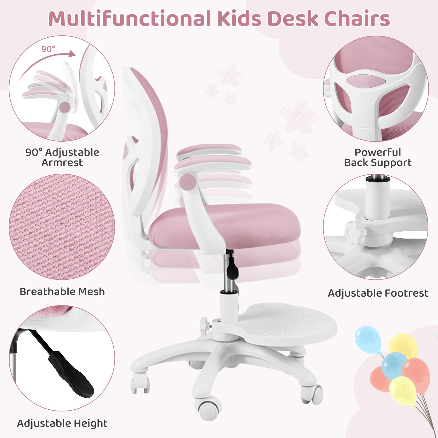 HOMREST Kids Desk Chair,Ergonomic Study Chairs with Adjustable Height,Breathable Mesh Removable,Non-Slip Footrests, Pink