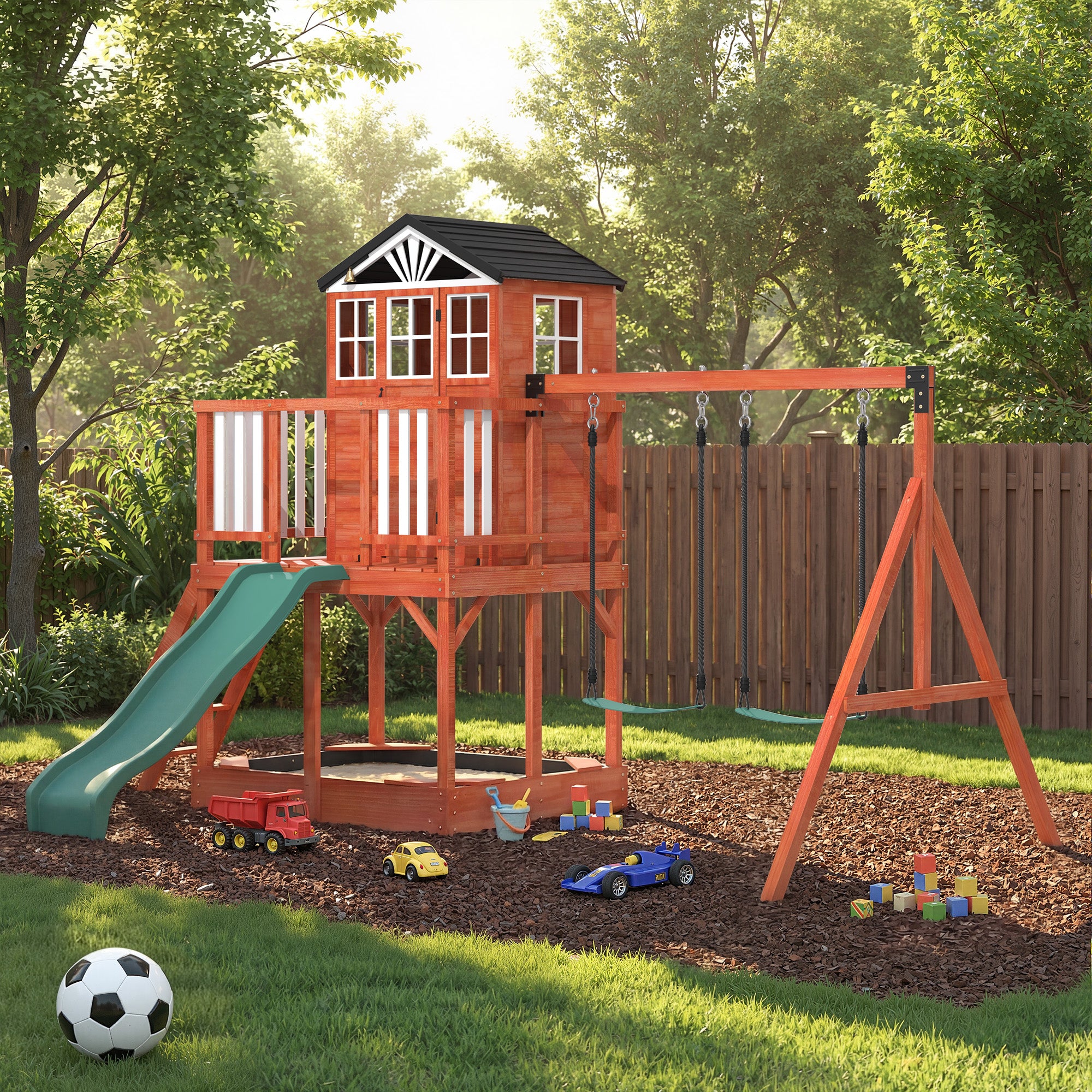 HOMREST Kids Outdoor Wooden Swing Set with Elevated Playhouse, Wave Slide, Belt Swings and Sandbox