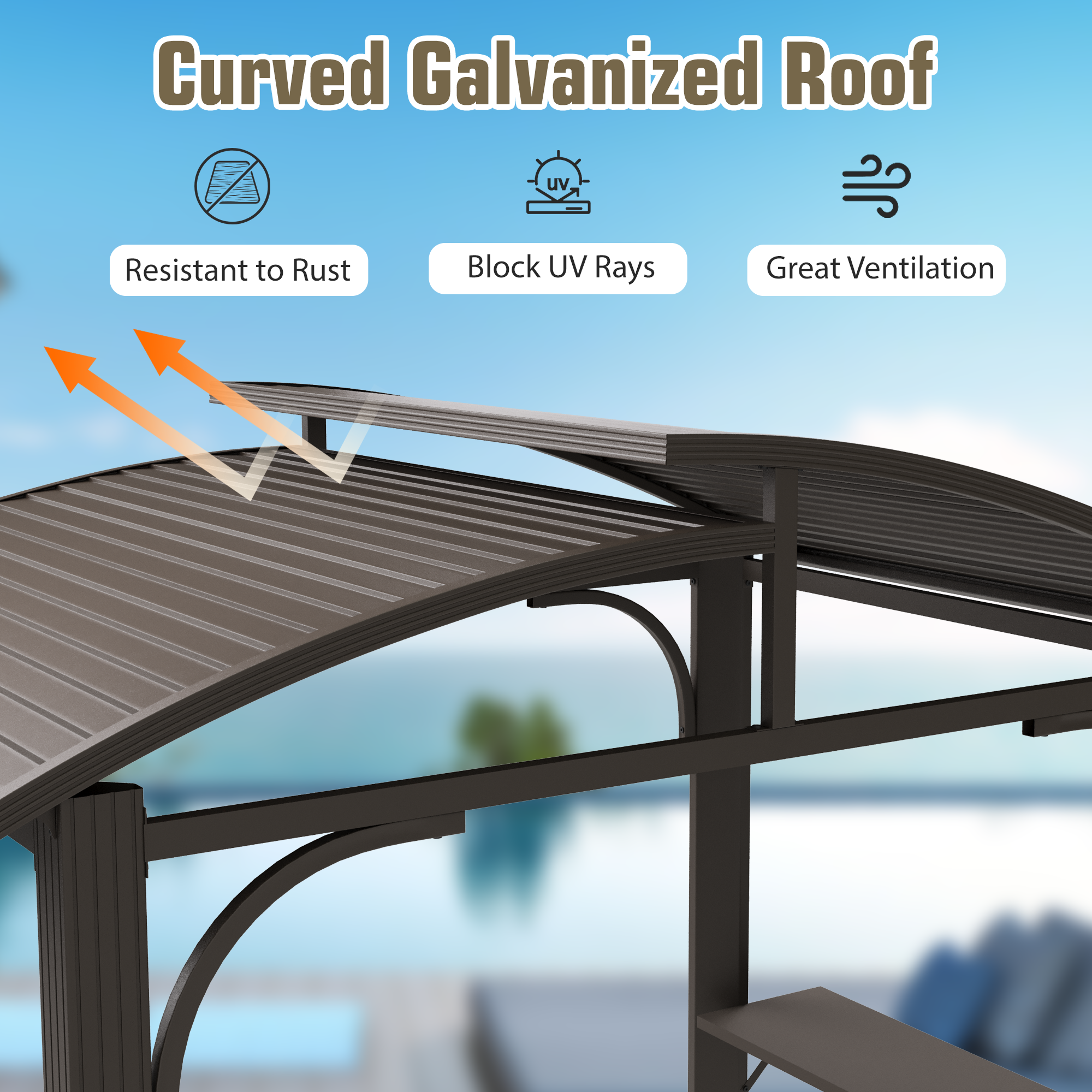 HOMREST 8' x 5' Hardtop Grill Gazebo, Outdoor BBQ Gazebo with 2 Side Shelves, Bottle Opener and Curved Galvanized Steel Roof, Brown