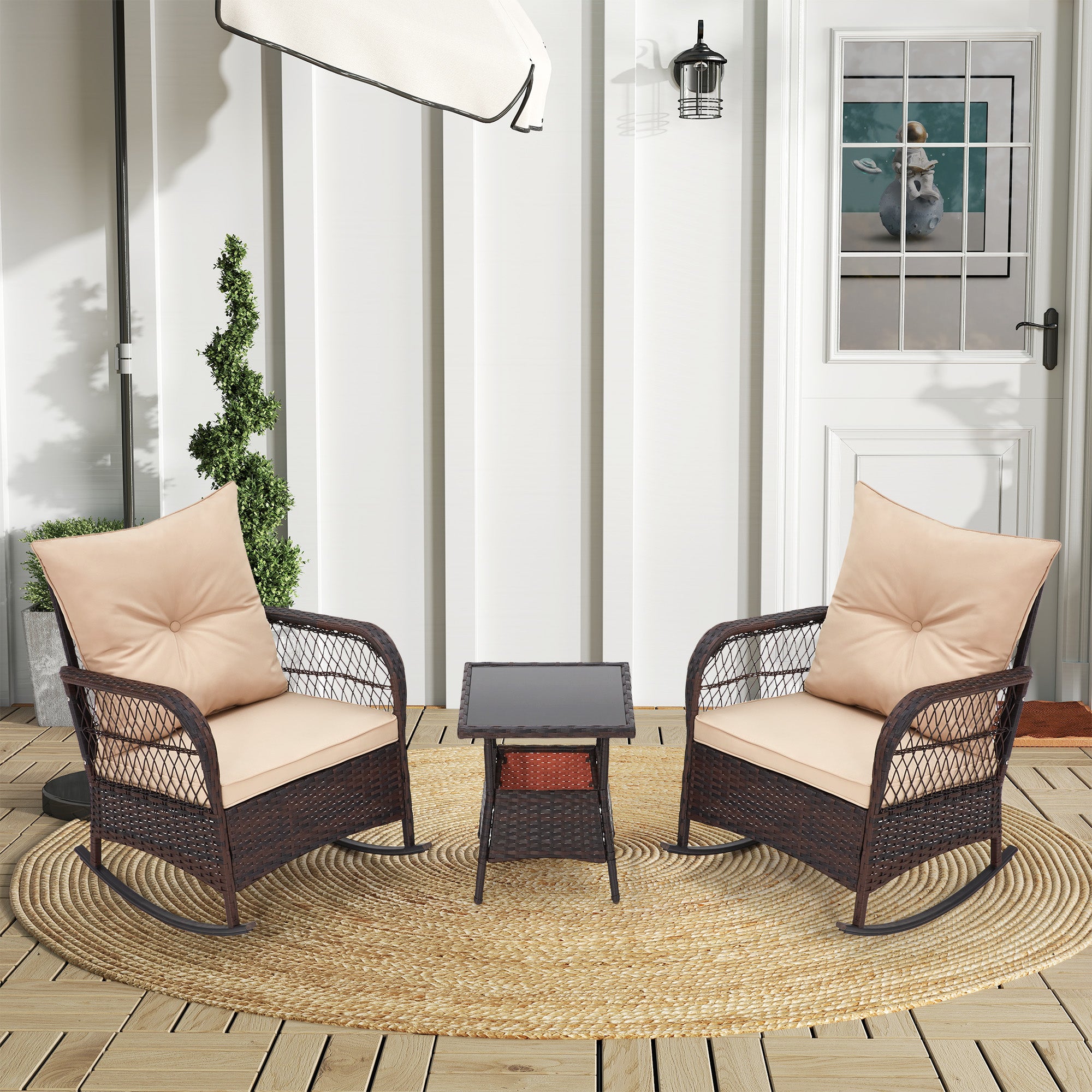HOMREST 3 pcs Rocking Bistro Set, Outdoor PE Rattan Rocking Chairs with Tempered Glass Coffee Table