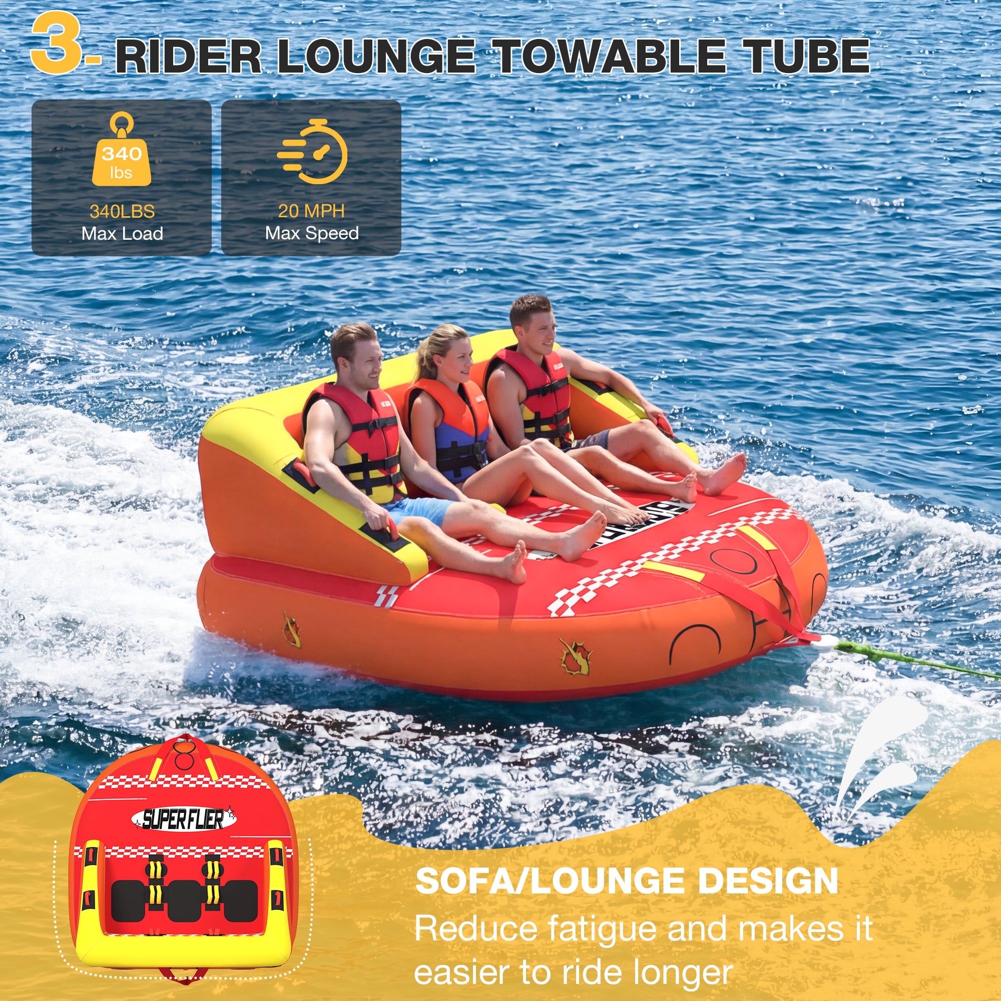 HOMREST 3-Person Towable Tubes for Boating, Front/Back Tow Points Sofa Couch Style Boat Tubes