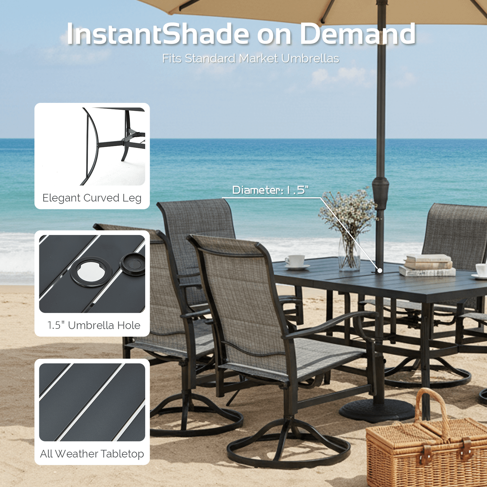 HOMREST 7 Piece Outdoor Patio Dining Set with 6 Swivel Rocker Chairs, Rectangular Metal Table with Umbrella Hole, Gray