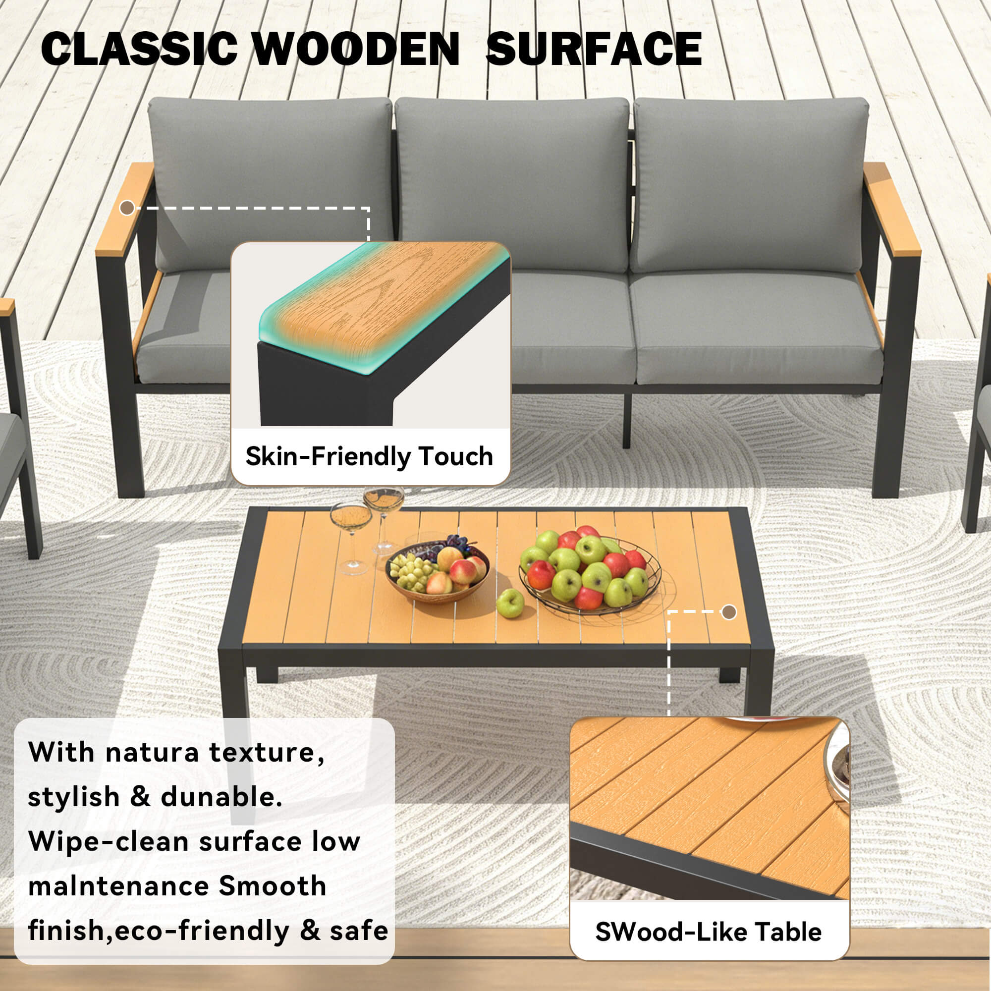 HOMREST 5 Piece Patio Furniture Set, Metal Patio Conversation Set with Coffee Table, All-Weather Outdoor Furniture, Gray