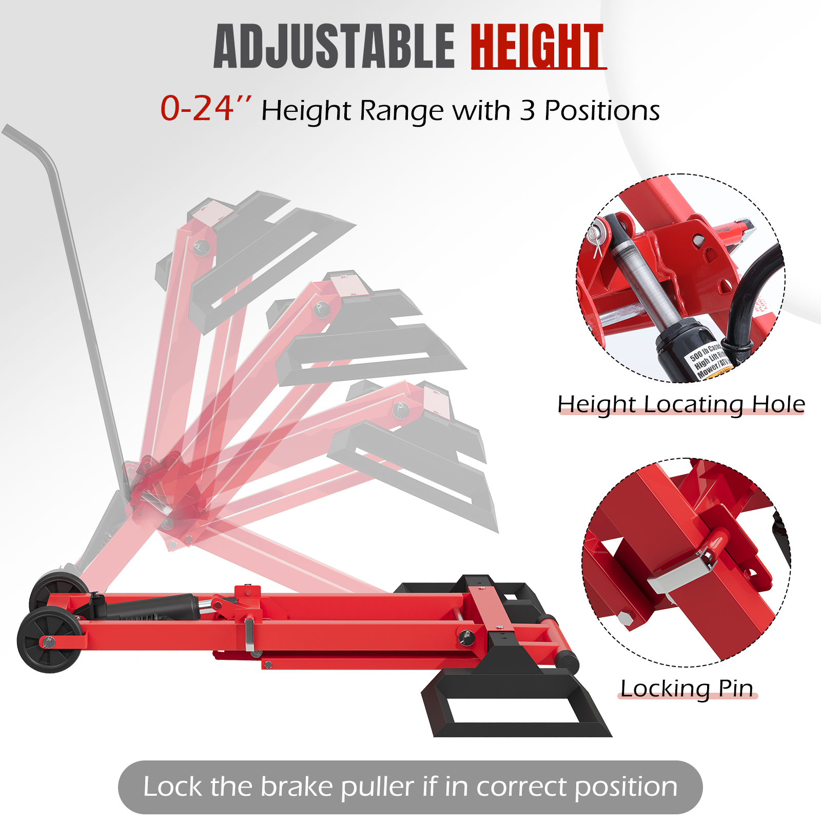 HOMREST 500LB Hydraulic Mower Lift for 40-47.6" Axle, 24" Lawn Tractor Jack with 3-Height Adjustment, Zero Turn Mower Lift for Maintenance & Repair, Red