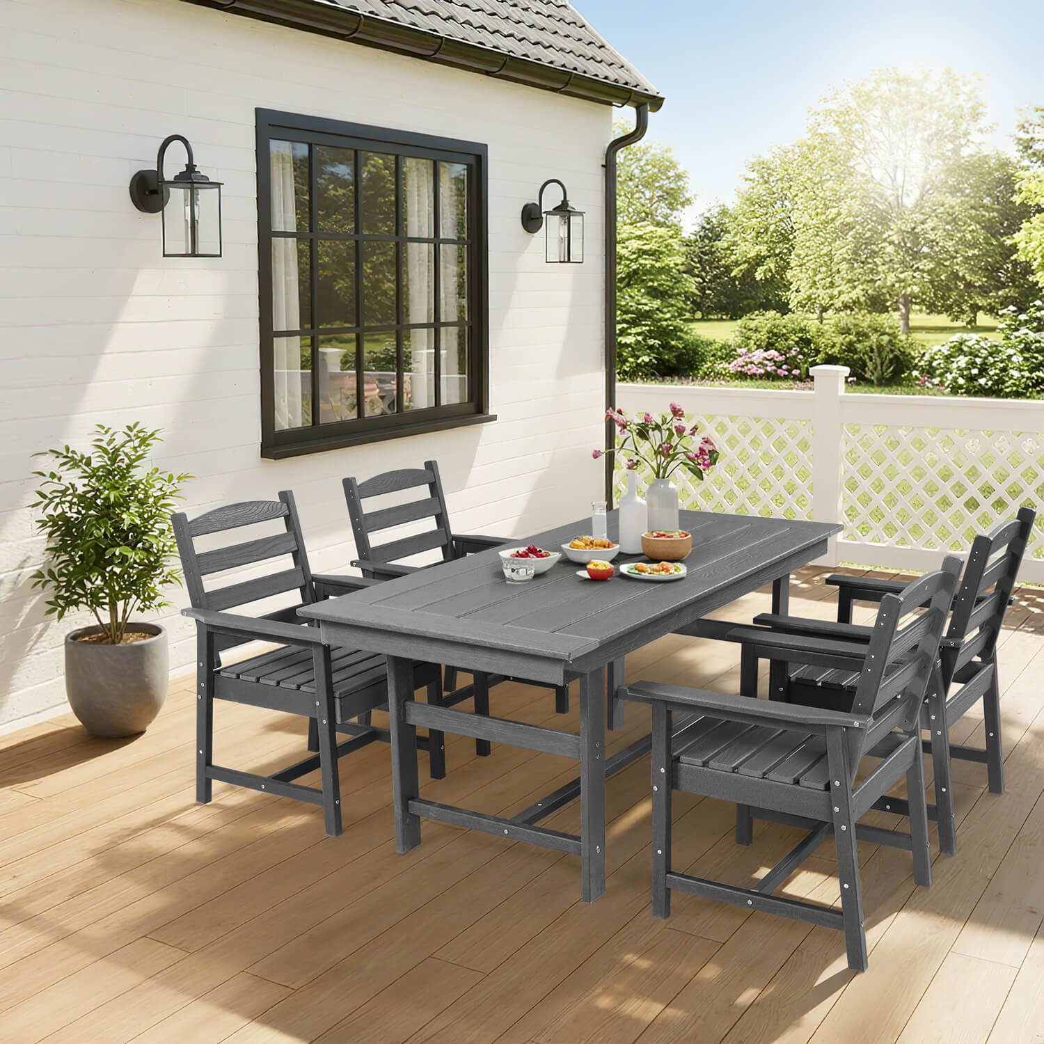 HOMREST HDPE Outdoor Patio Dining Table With Umbrella Hole, Gray
