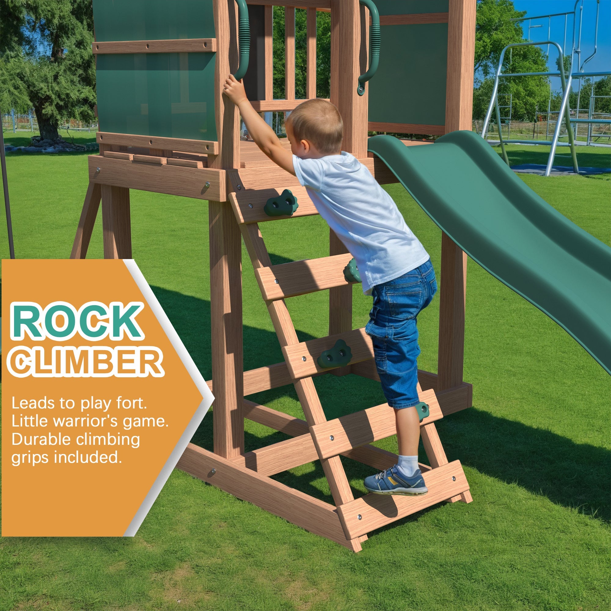 Homrest Swing Sets for Backyard, 4-in-1 Outdoor Swing Set with Slide, Climbing Rock Wall, and Soft Cushion Swings for Backyard Playground