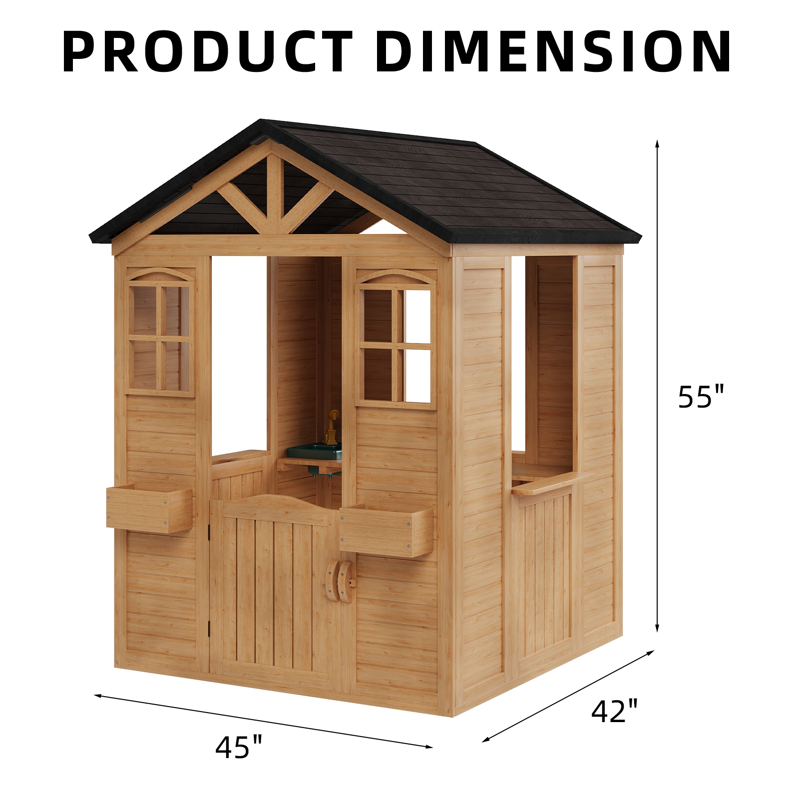 Homrest Wooden Playhouse for Kids, Outdoor Garden Cottage with Door, Windows, Service Station, Flower Pot Holder, for 3-7 Years Old