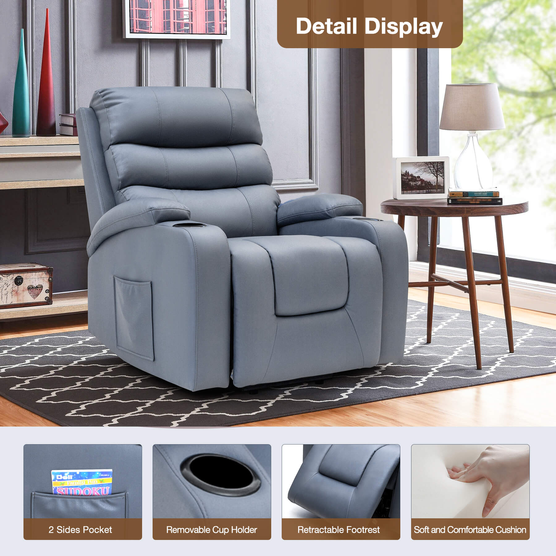 Homrest Power Lift Recliner Chair with Massage & Heat, Cup Holders & USB Port, Blue