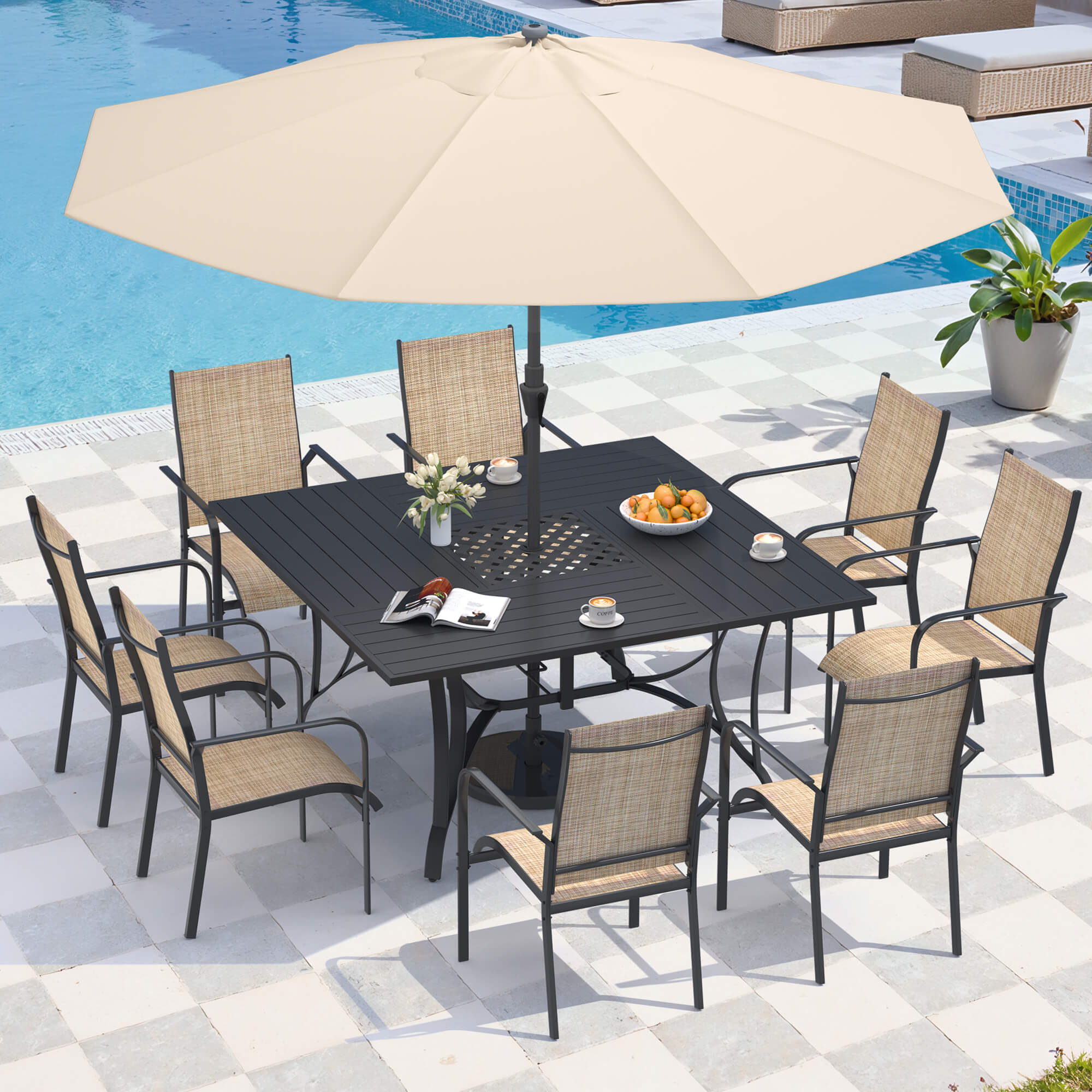 HOMREST 9 Piece Patio Dining Set, Outdoor Dining Table And Chairs Set For 8, 8 PVC-coated polyester Chairs, 1 Iron Square Table With Adjustable Umbrella Hole (1.57"-1.97"), Brown