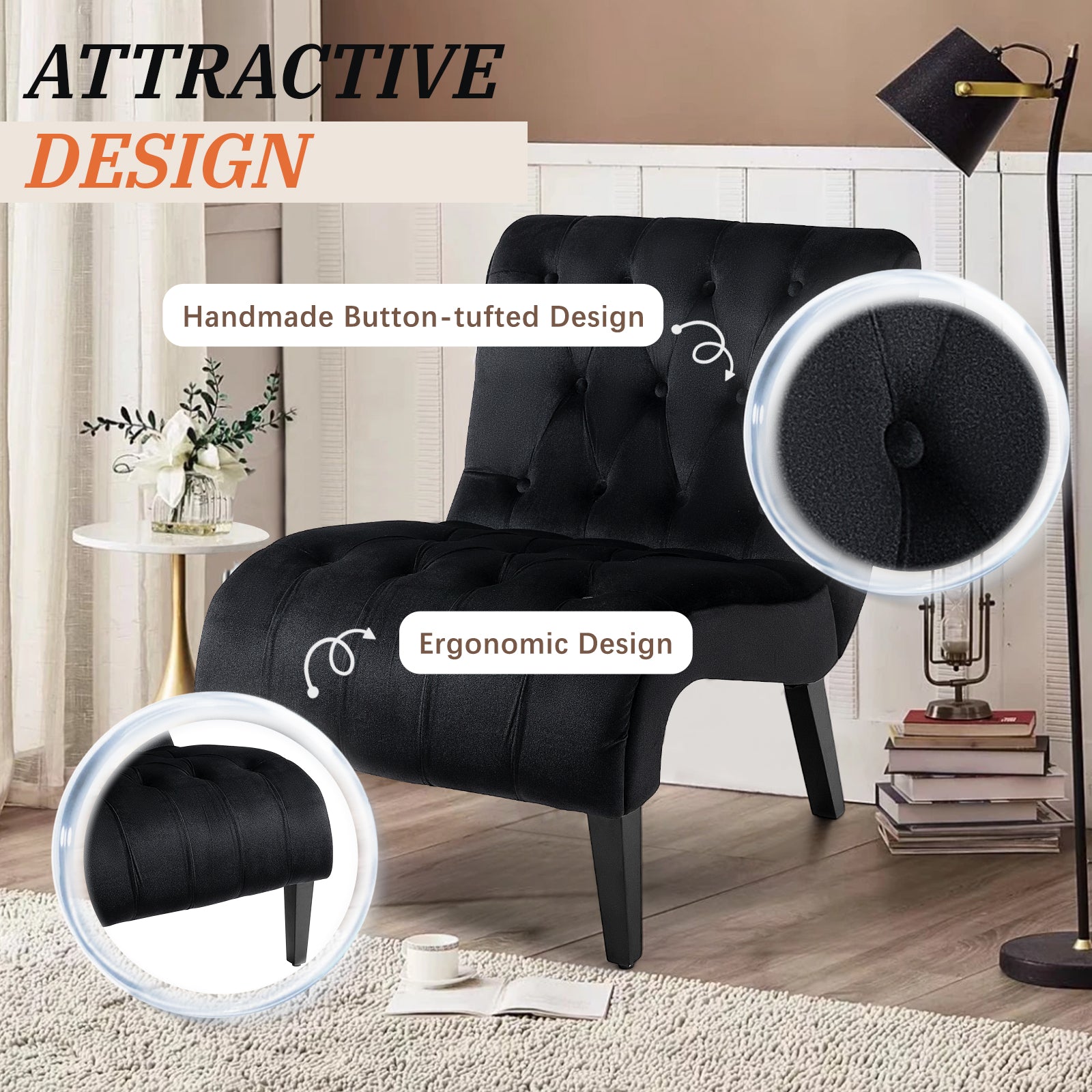 HOMREST Armless Accent Chair, Upholstered Button Tufted Living Room Chairs with Wood Legs, Comfy Frosted Velvet Lounge Chair Reading Chair for Bedroom, Black