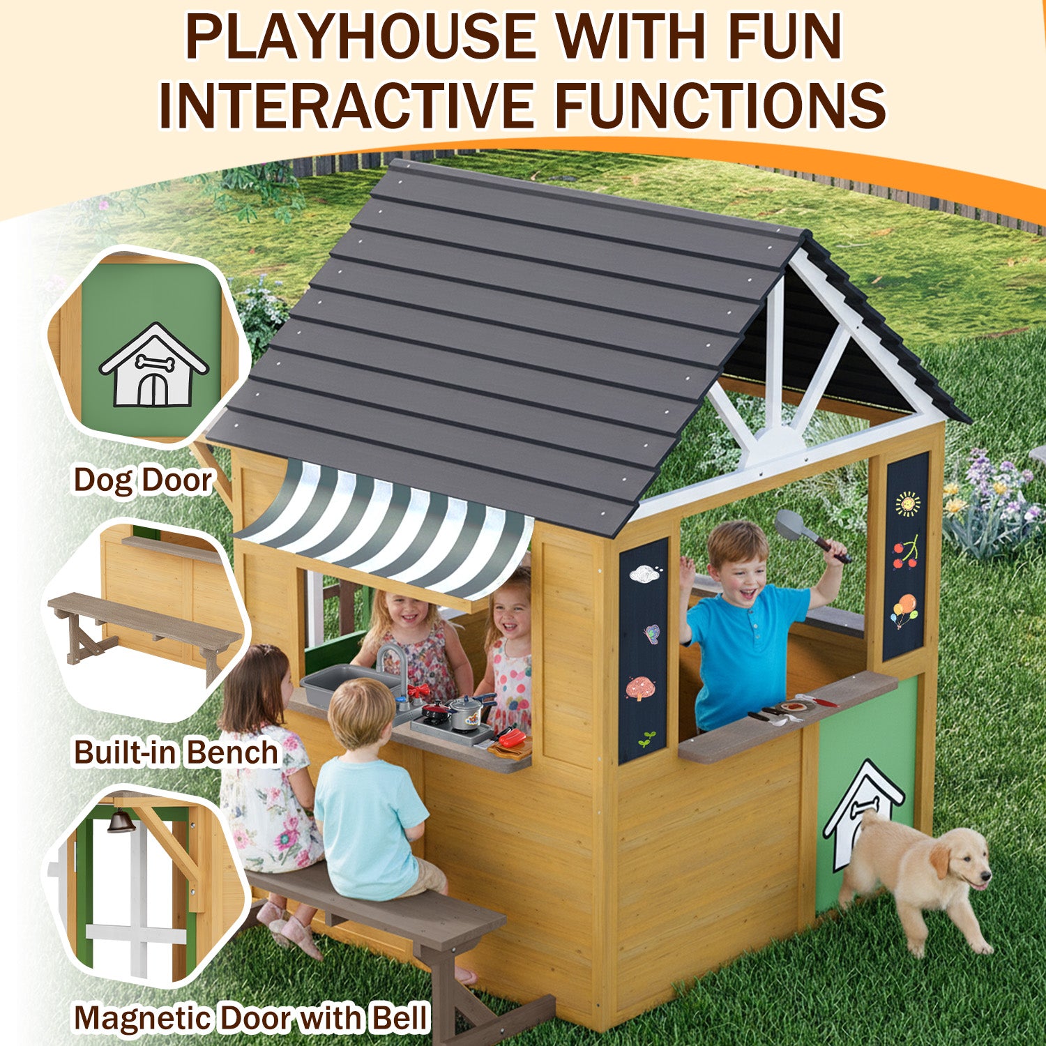 HOMREST Outdoor Play House for Kids, Wooden Kids Playhouse with Kitchen Toys, Blackboard,Chalks,Eraser,Magnetic Door, Bench, Foldable Sunshade Canopy,Bell, Pet Hole, Clock,Wood Color