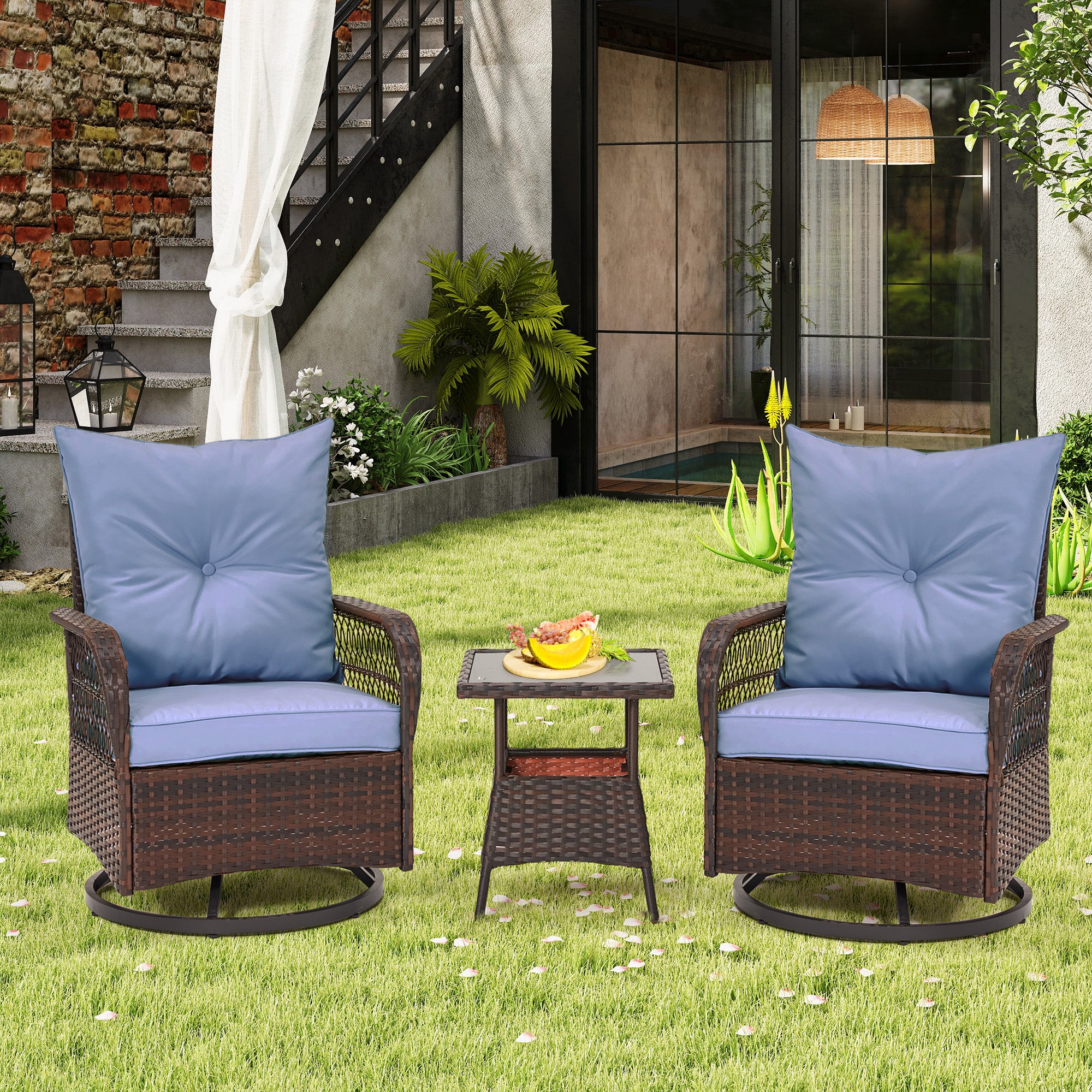 HOMREST 3-Piece Patio Swivel Rocker Set with Rattan Coffee Table, Blue