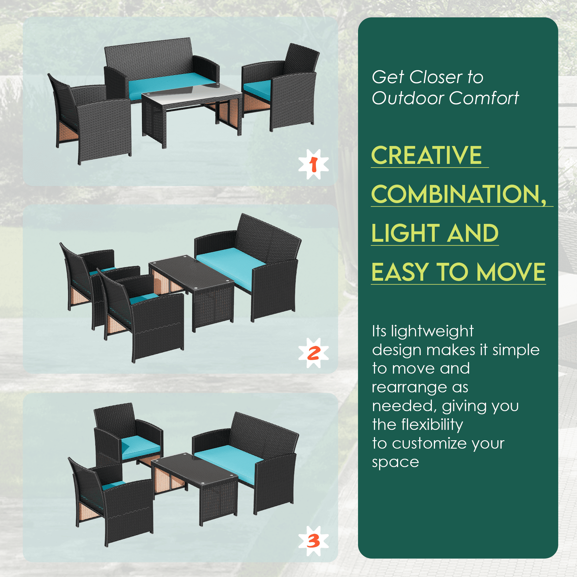 HOMREST 4-Piece Patio Furniture Set, Outdoor Wicker Patio Conversation Set with Cushions, Sofa & Glass Coffee Table, Blue