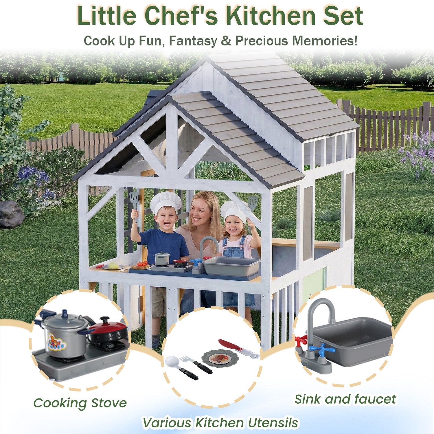 HOMREST Outdoor Play House for Kids, Elevated Roof Wooden Kids Playhouse with Kitchen Toys, Blackboard,Magnetic Door, Flowerpot Holders, Pet Hole, Clock,Black and White