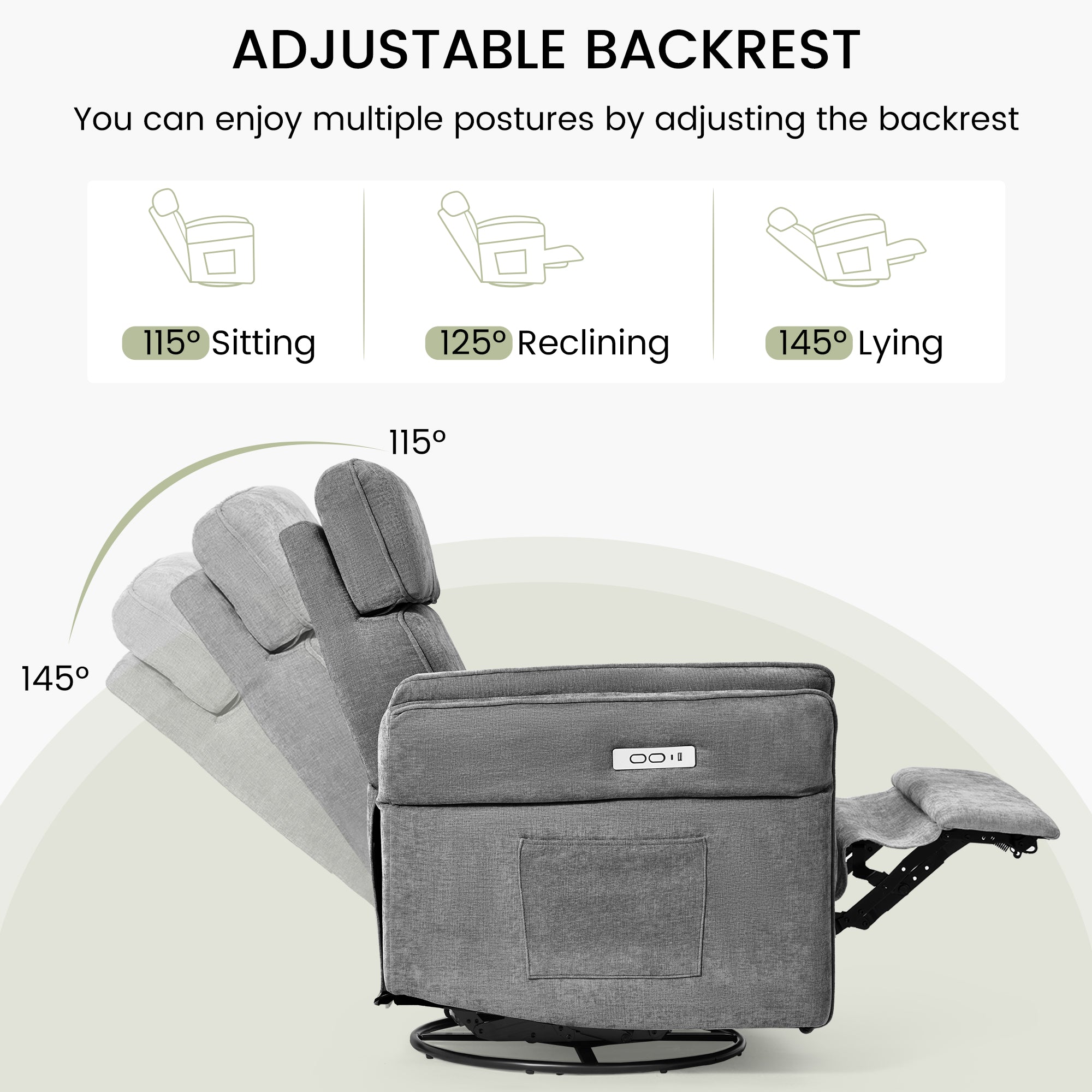 HOMREST Power Swivel Rocking Recliner Chair with Adjustable Headrest and Armrests for Living Room, Nursery, Gray