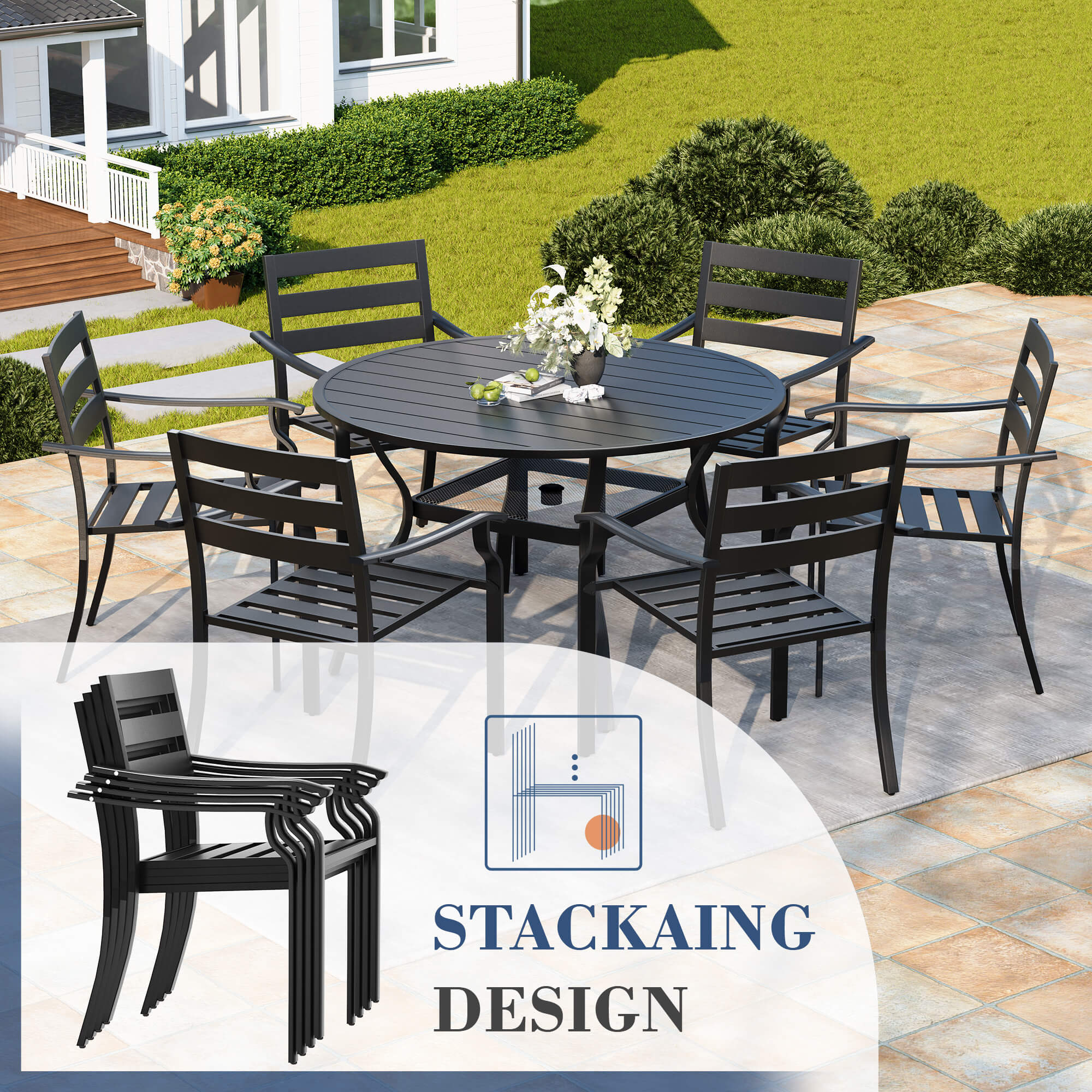 HOMREST 7-Piece Outdoor Patio Dining Set for 6, Round Metal Table with Umbrella Hole & Stackable Chairs