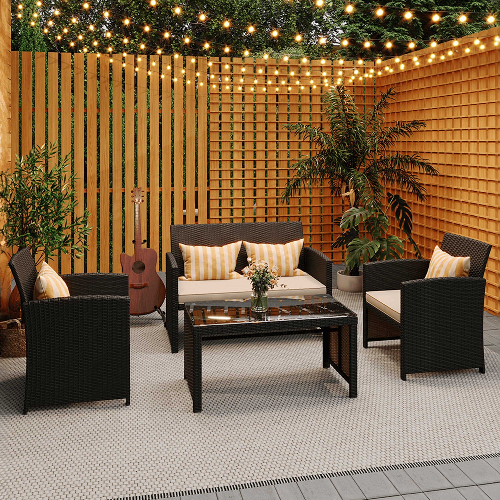 HOMREST 4-Piece Patio Furniture Set, Outdoor Wicker Patio Conversation Set with Cushions, Sofa & Glass Coffee Table, Khaki