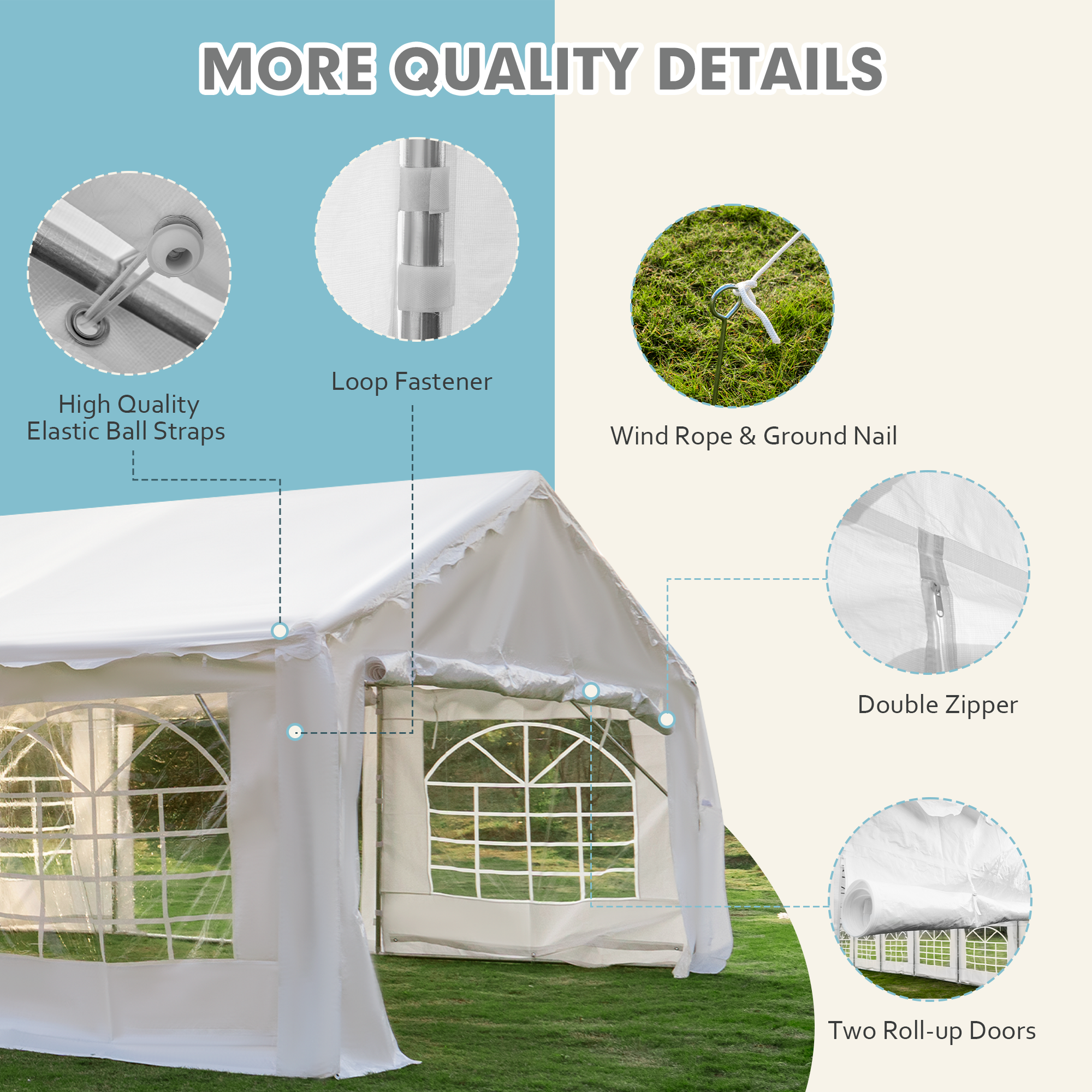 HOMREST 20x50ft Party Tent Outdoor Wedding Tent Heavy Duty Large Canopy Carport With Removable Sidewalls 2 Roll Up Doors 5 Storage Bags White