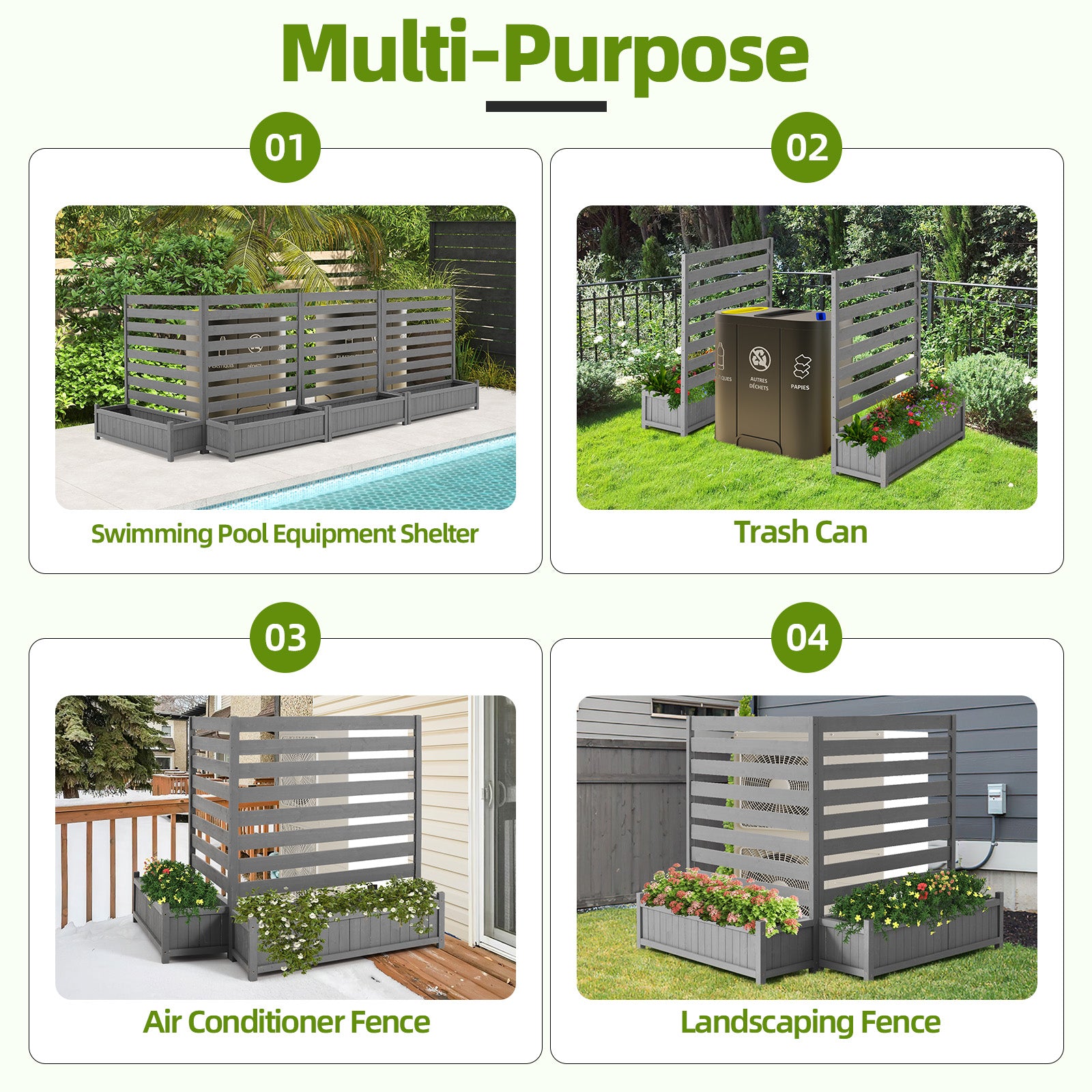HOMREST 2-Pack No-Dig Privacy Fence Planter 36" W x 45" H, Wood Outdoor Screen for AC Unit, Trash & Flower Bed, Weather-Resistant, Grey