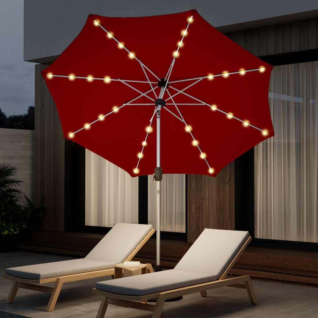 Homrest 9FT Solar Patio Umbrella, Fade-Resistant Outdoor Market Umbrella with Tilt, 8 Aluminum Ribs for Gardens,Burgundy
