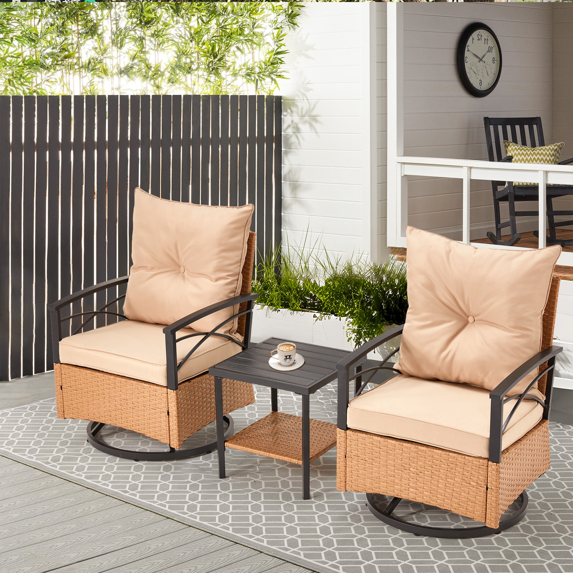 HOMREST 3-Piece Patio Swivel Rocker Set with Rattan Coffee Table, Beige