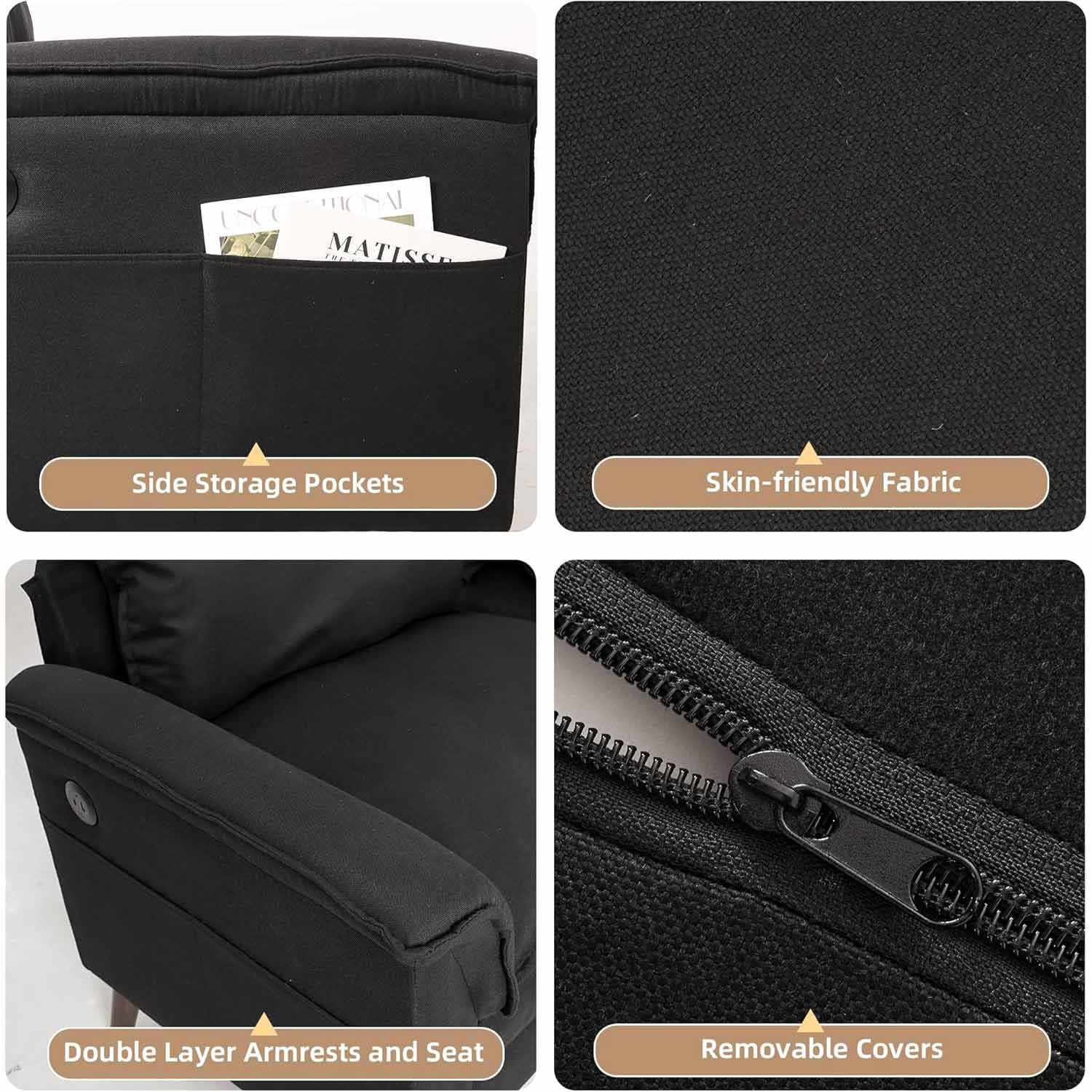 Side storage pockets,double layer armrests and seat,skin-friendly fabric and removable covers.