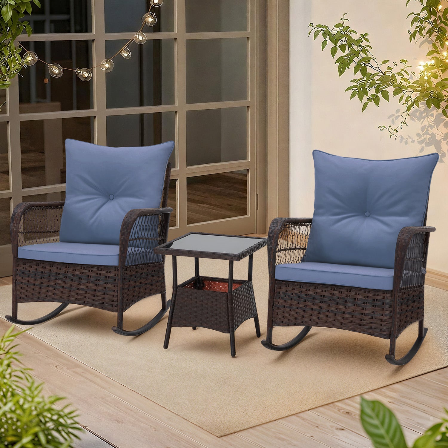 HOMREST 3-Piece Rattan Rocking Bistro Set with Glass Coffee Table for Porch & Garden