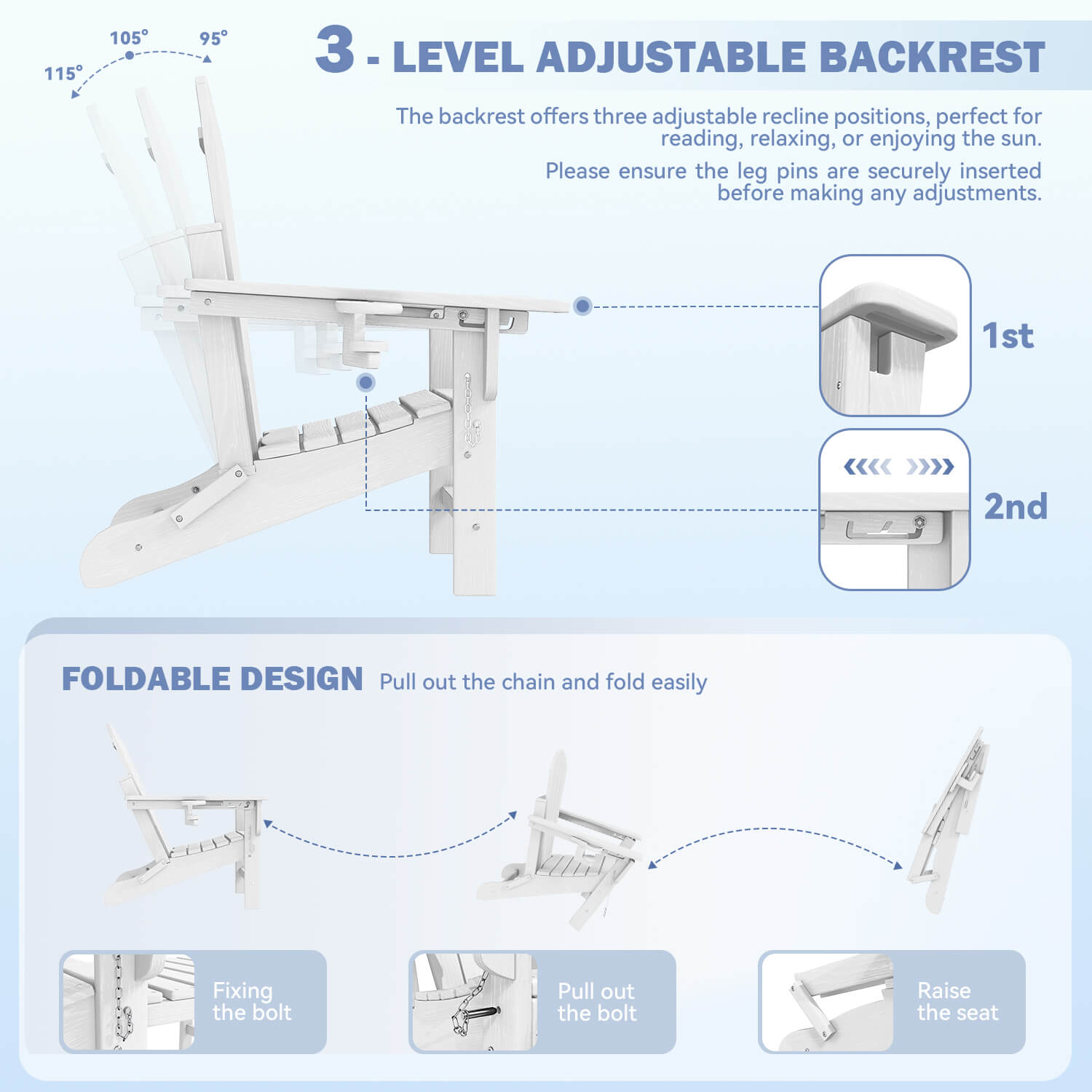 HOMREST 3-Position Adjustable Adirondack Chairs Set of 4, 400LBS HDPE Folding Outdoor Chairs with Cup Holder, White
