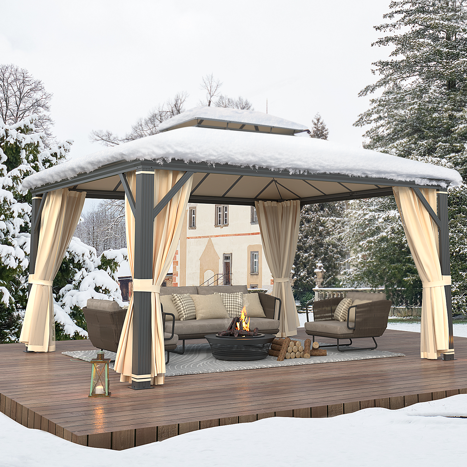 Homrest 12' x 14' Hardtop Permanent Outdoor Aluminum Patio Gazebo with Double Roof for Patio and Garden, Curtains and Netting