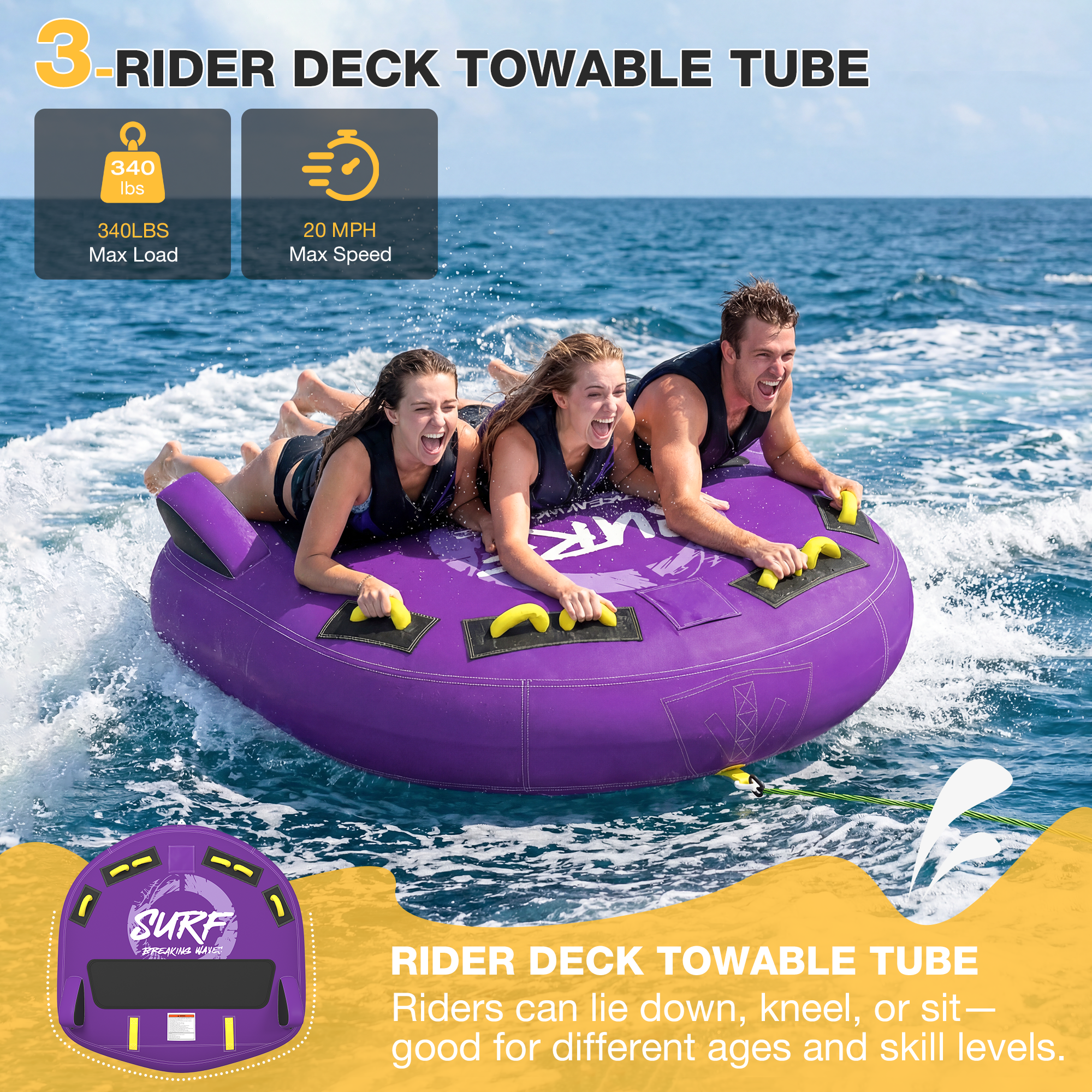 HOMREST 3-Person Deck Towable Tubes for Boating with Winged Side Bolsters and Towable Rope, Padded Bolster Guard Handles & Quick-Connect Tow Point