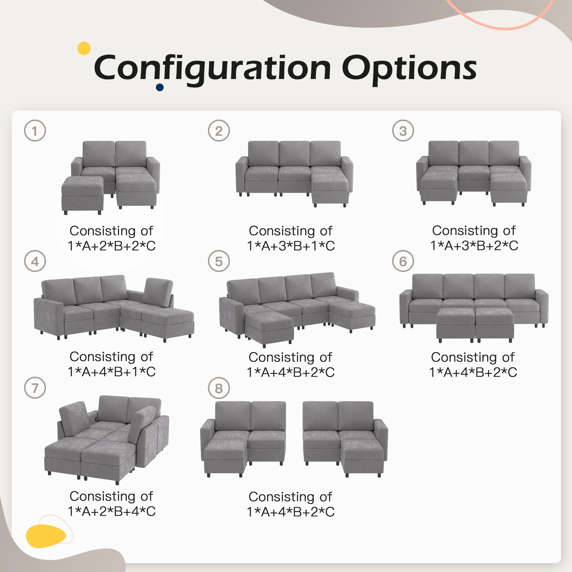 Homrest 6 Piece Modular Sectional Couch with Storage for Living Room, Light Gray