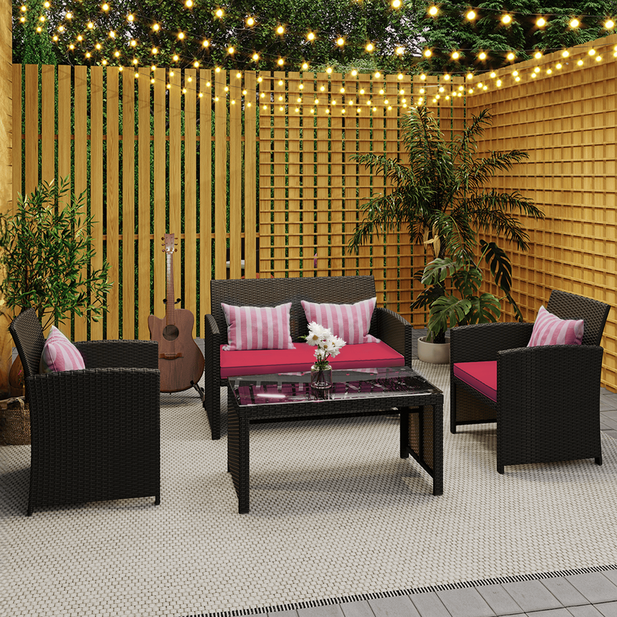HOMREST 4-Piece Patio Furniture Set, Outdoor Wicker Patio Conversation Set with Cushions, Sofa & Glass Coffee Table, Red