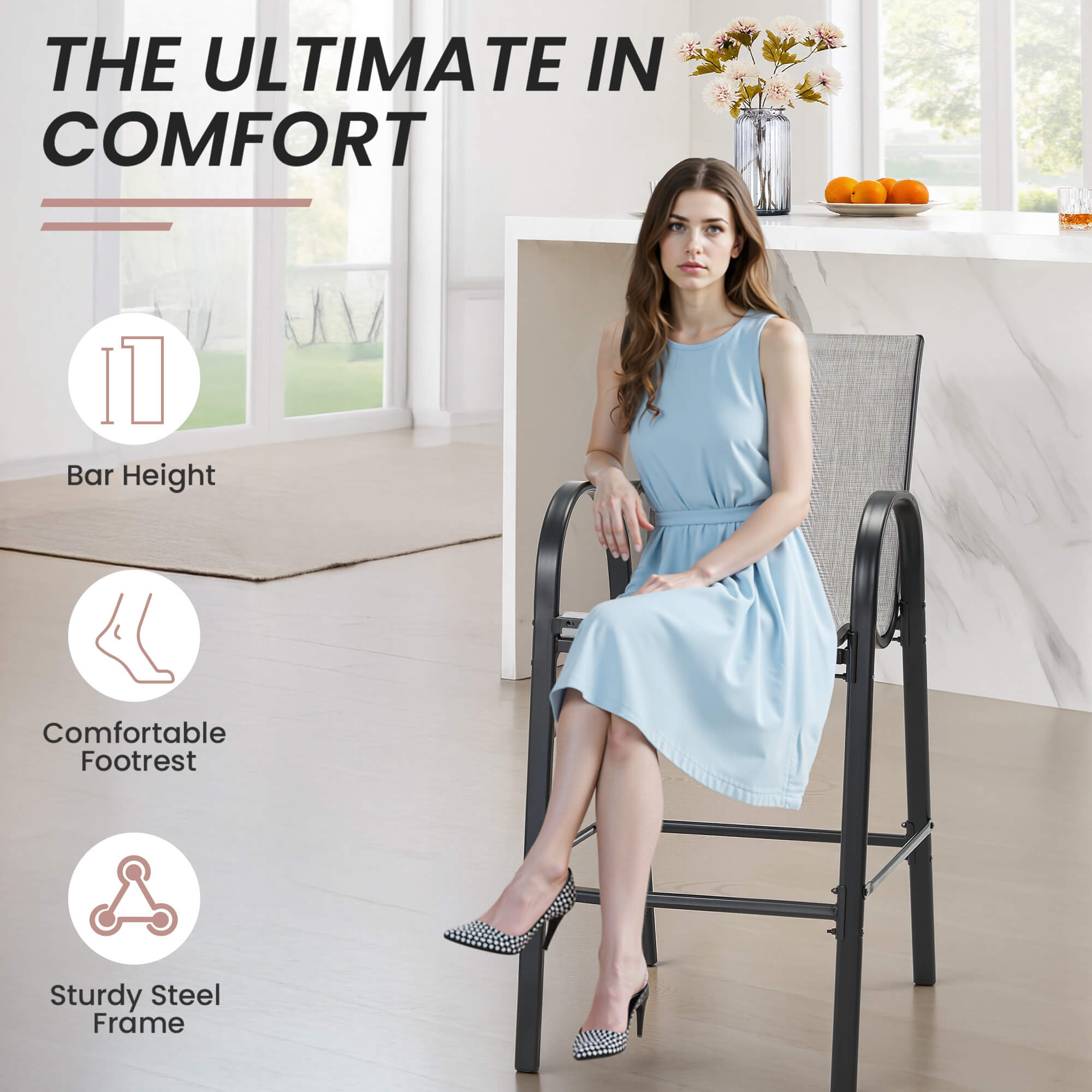 HOMREST Outdoor Bar Height Stools Set of 4, High Back Patio Chairs with Armrests,Textilene Chairs with Breathable Fabric & Metal Frame, Light Grey