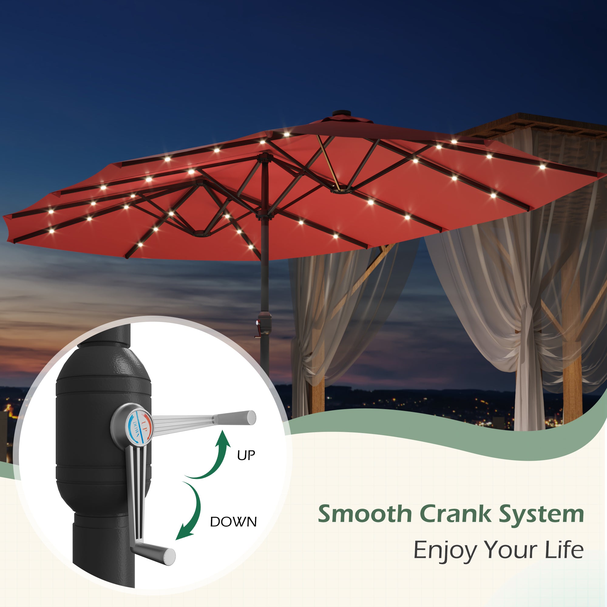 HOMREST 15ft Large Double-Sided Patio Umbrella with Solar LED Lights, Outdoor Crank System, and Base – Perfect for Garden, Deck, Poolside, Red