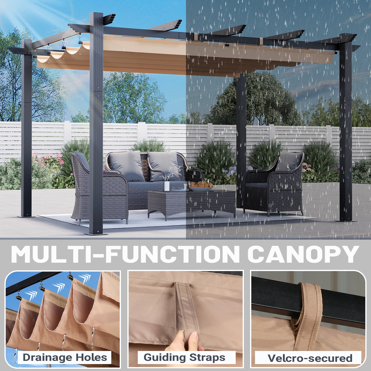 HOMREST Retractable Pergola 10x13 Ft, Outdoor Aluminum Shelter with Dual Adjustable Sun Shade Canopy for Patio Backyard, Locking System Includes Straps & Screws (Khaki)