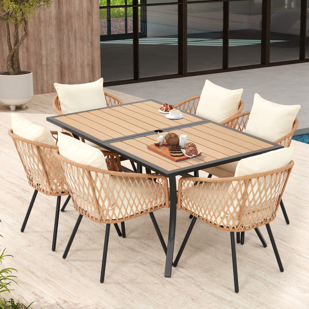 HOMREST 7-Piece Outdoor Dining Set – Rectangular Table with Umbrella Hole & 6 Rattan Chairs, Beige